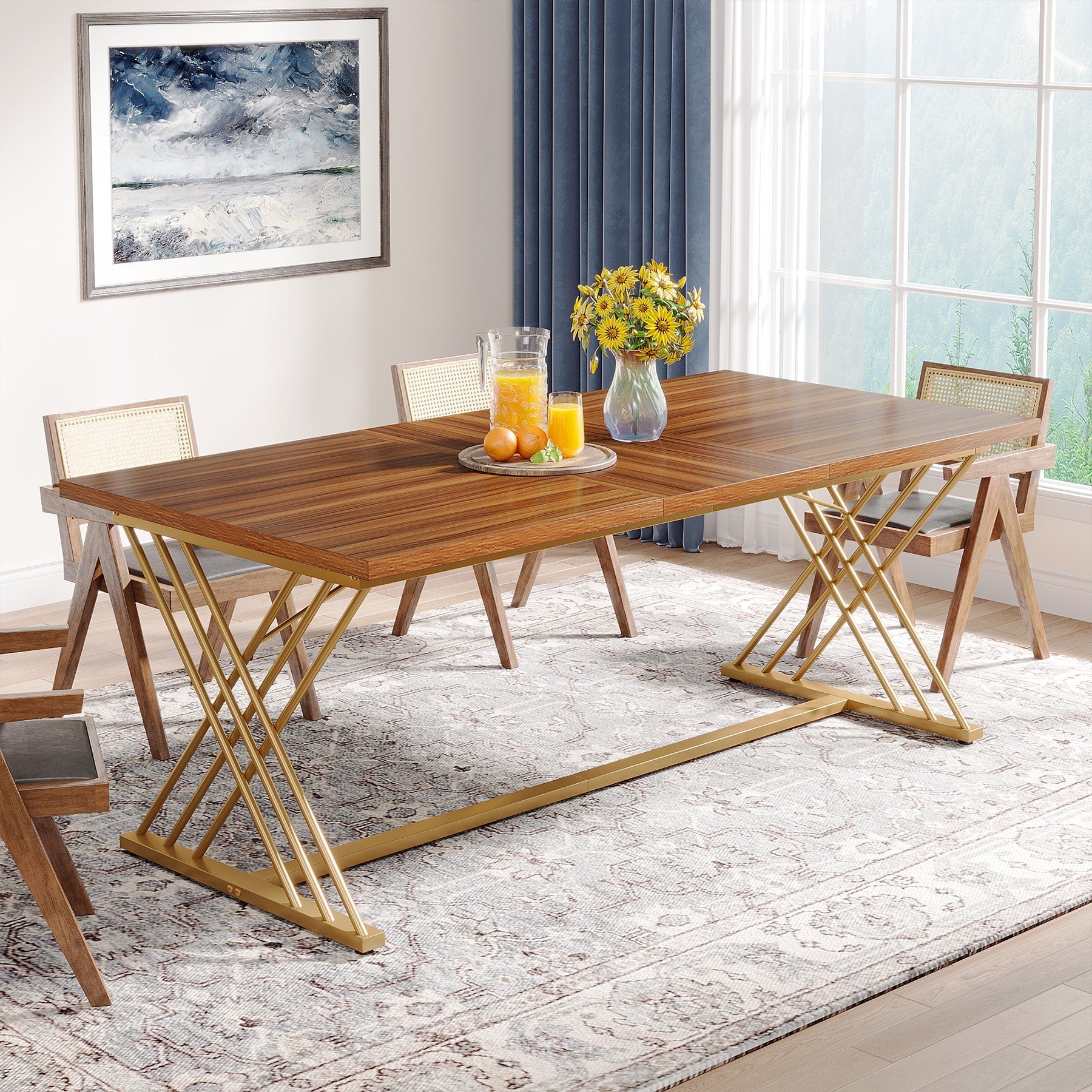 63" Dining Table Wood Kitchen Dinner Table with Metal Frame Tribesigns