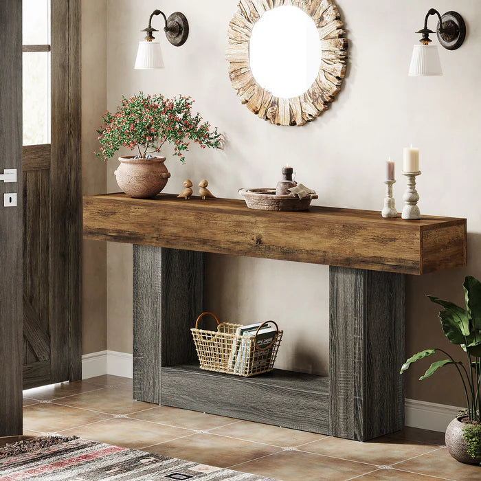 63" Konsolentisch aus Holz, Bauernhaus-Sofatisch mit 2 Ebenen, Eingangstisch