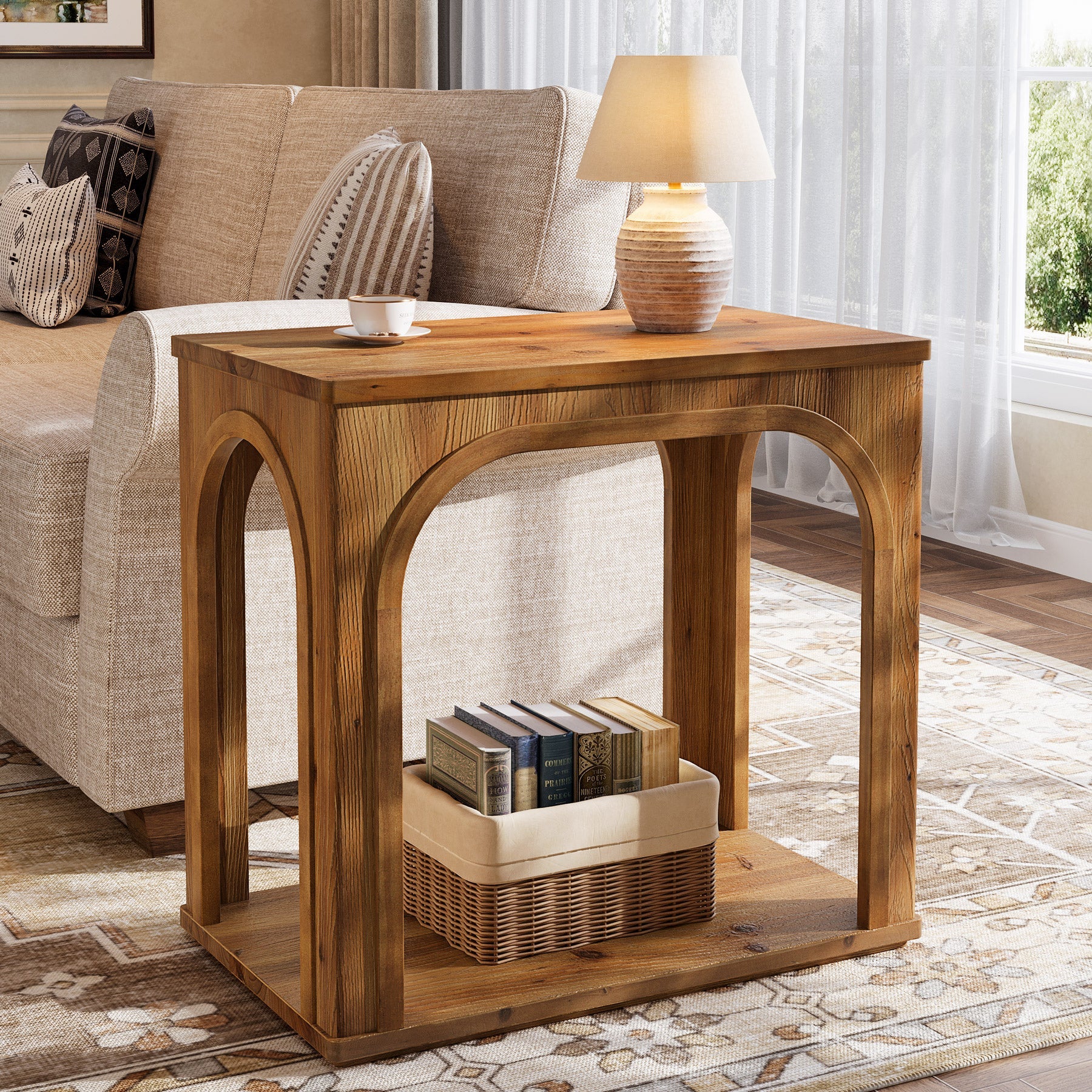 Tribesigns Massivholz Beistelltisch mit Ablage, 2-stufiger Nachttisch im Landhausstil mit Bogendesign