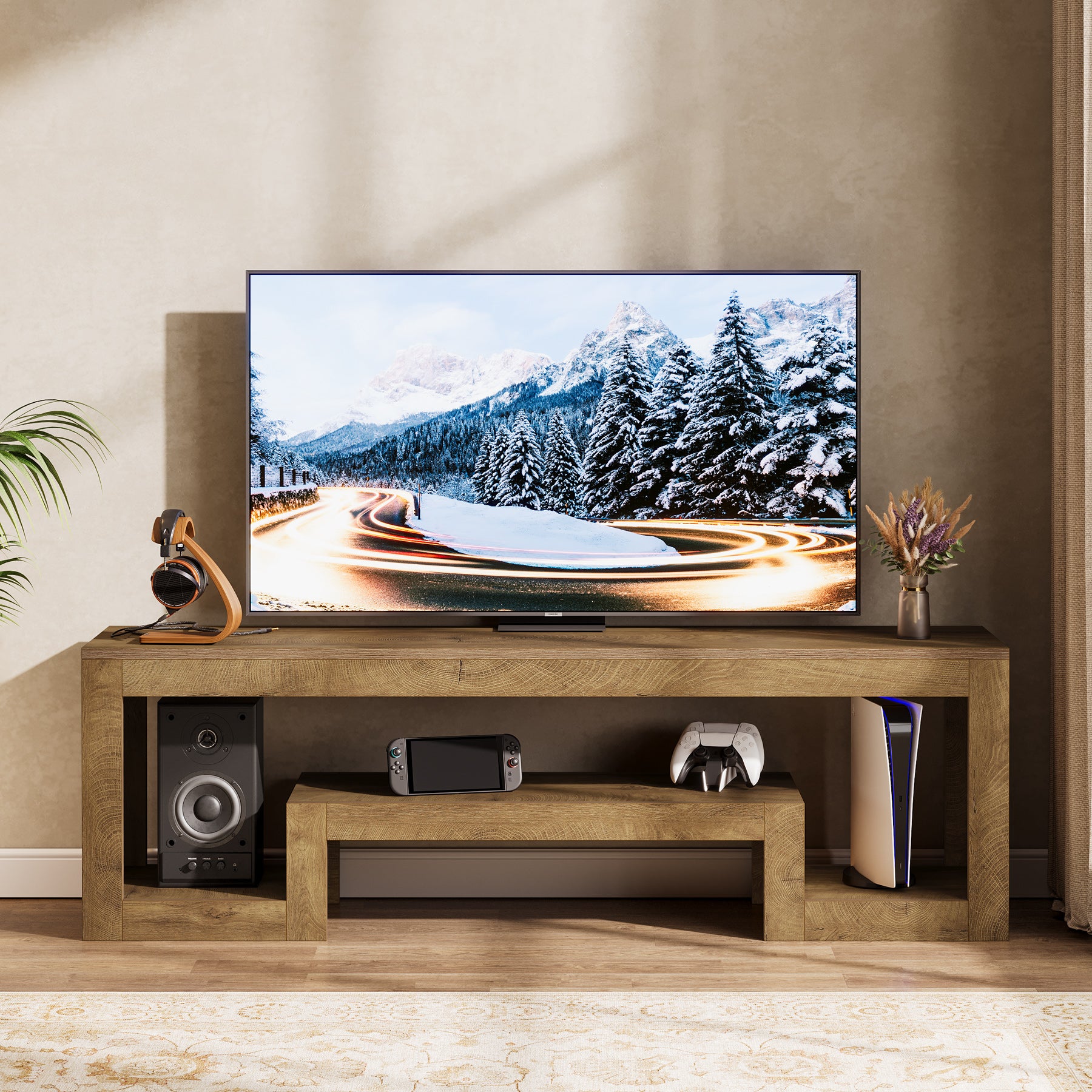 TV-Lowboard 160 cm, Bauernhaus Fernsehkonsole mit offenen Ablagen für 55–65 Zoll Fernseher