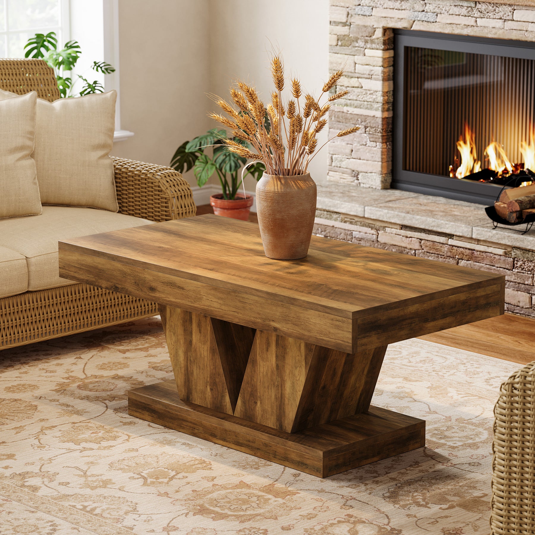 Rechteckiger Couchtisch 120 cm im Mid-Century Stil, Wohnzimmertisch in Holzoptik mit massivem Sockel und V-Form Basis