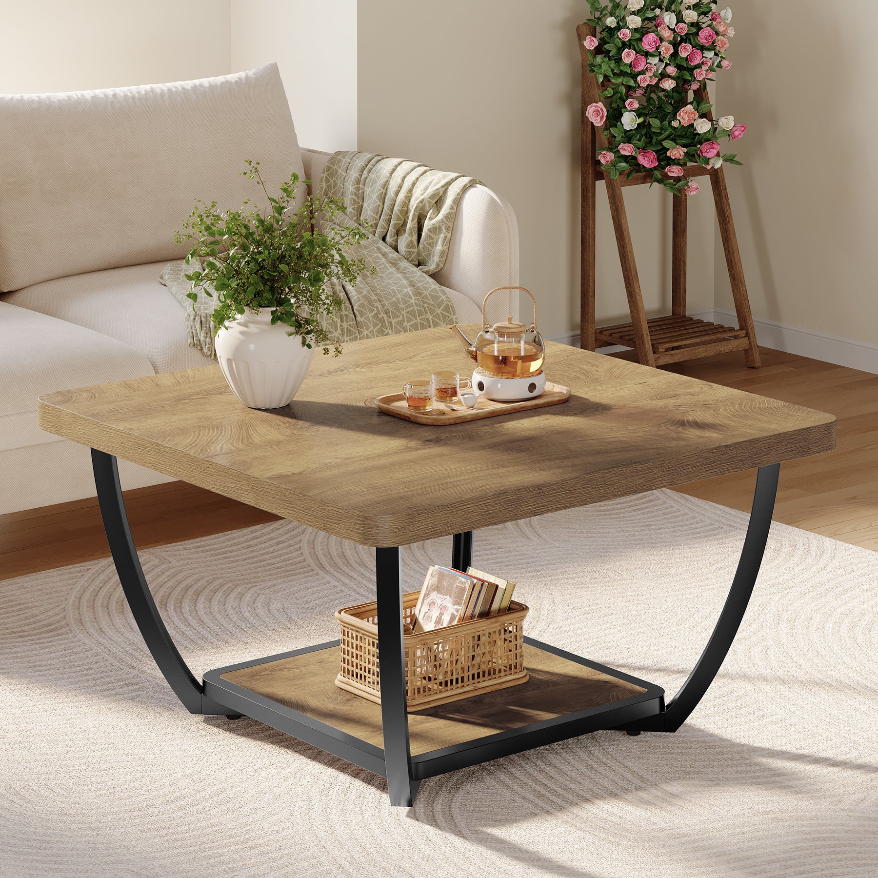 Tribesigns Quadratischer Couchtisch 80 cm mit Ablage, 2-Ebenen Wohnzimmertisch mit Metallgestell