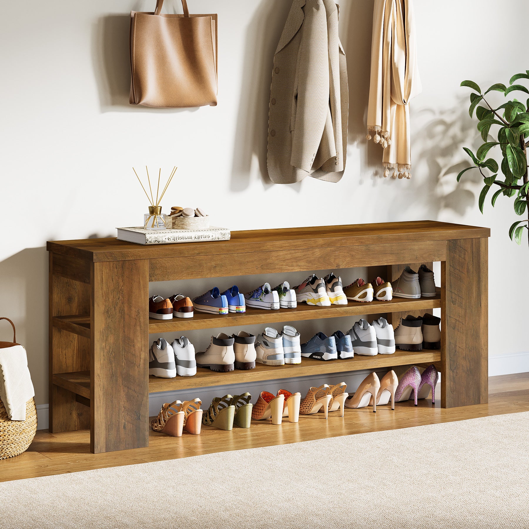 Schuhbank 120 cm mit Sitzfläche, Schuhregal, Garderobenbank aus Holz mit 3 Ebenen, belastbar bis 136 kg