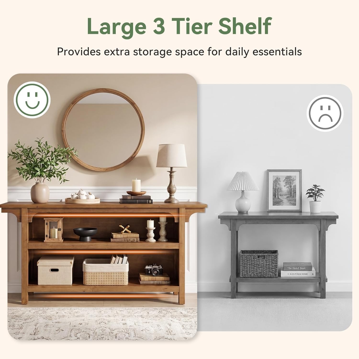 Tribesigns Massivholz Konsolentisch 160 cm mit 3 Ablagen, schmaler Flurtisch im Landhausstil