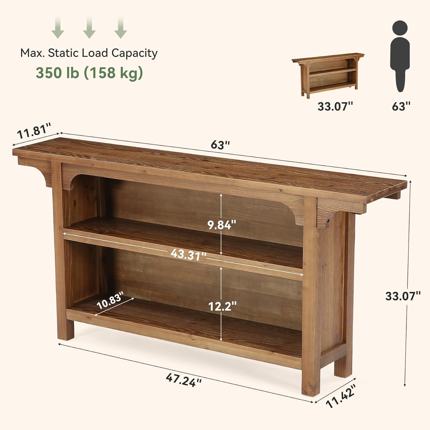 Tribesigns Massivholz Konsolentisch 160 cm mit 3 Ablagen, schmaler Flurtisch im Landhausstil