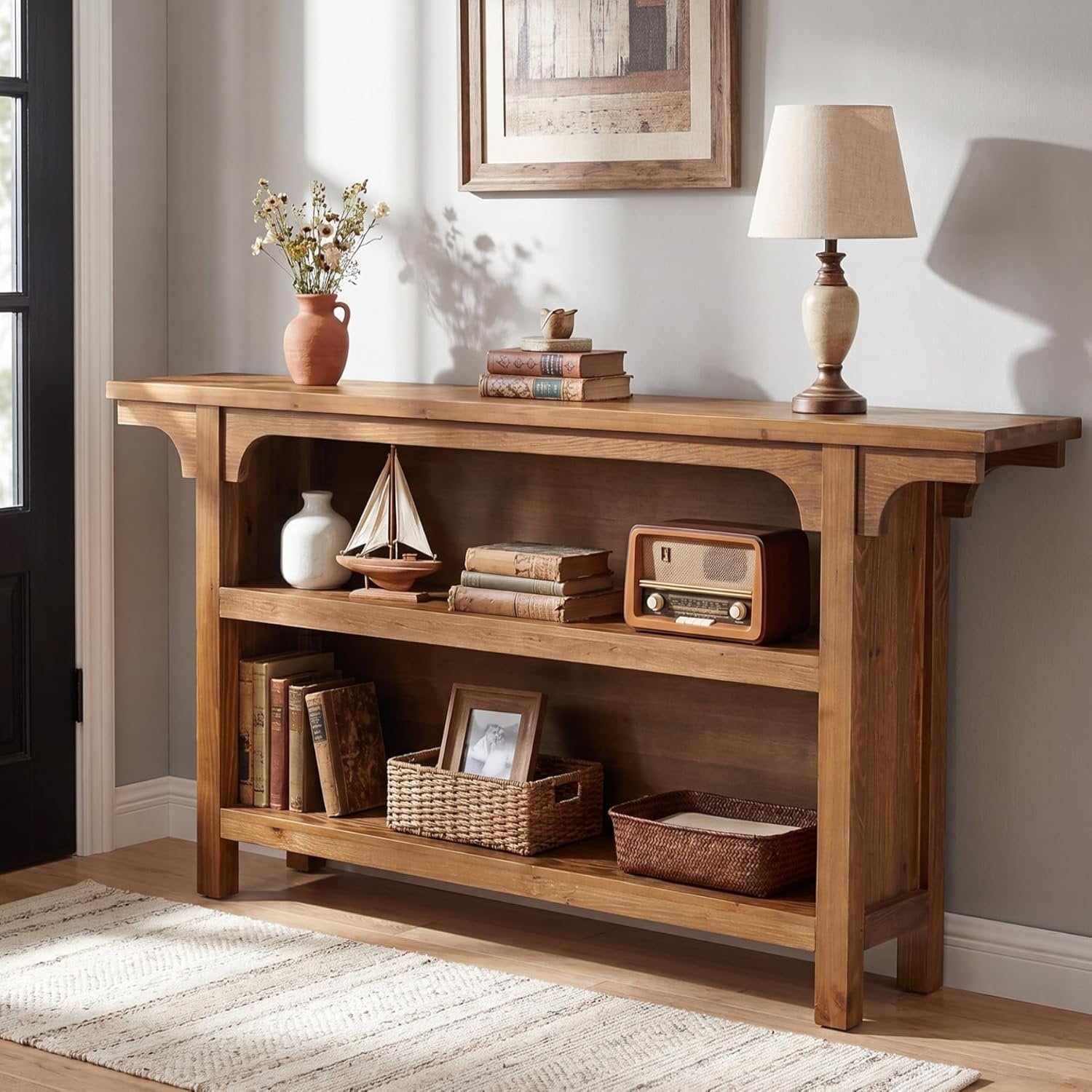 Tribesigns Massivholz Konsolentisch 160 cm mit 3 Ablagen, schmaler Flurtisch im Landhausstil