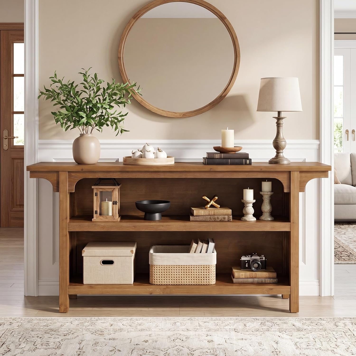 Tribesigns Massivholz Konsolentisch 160 cm mit 3 Ablagen, schmaler Flurtisch im Landhausstil