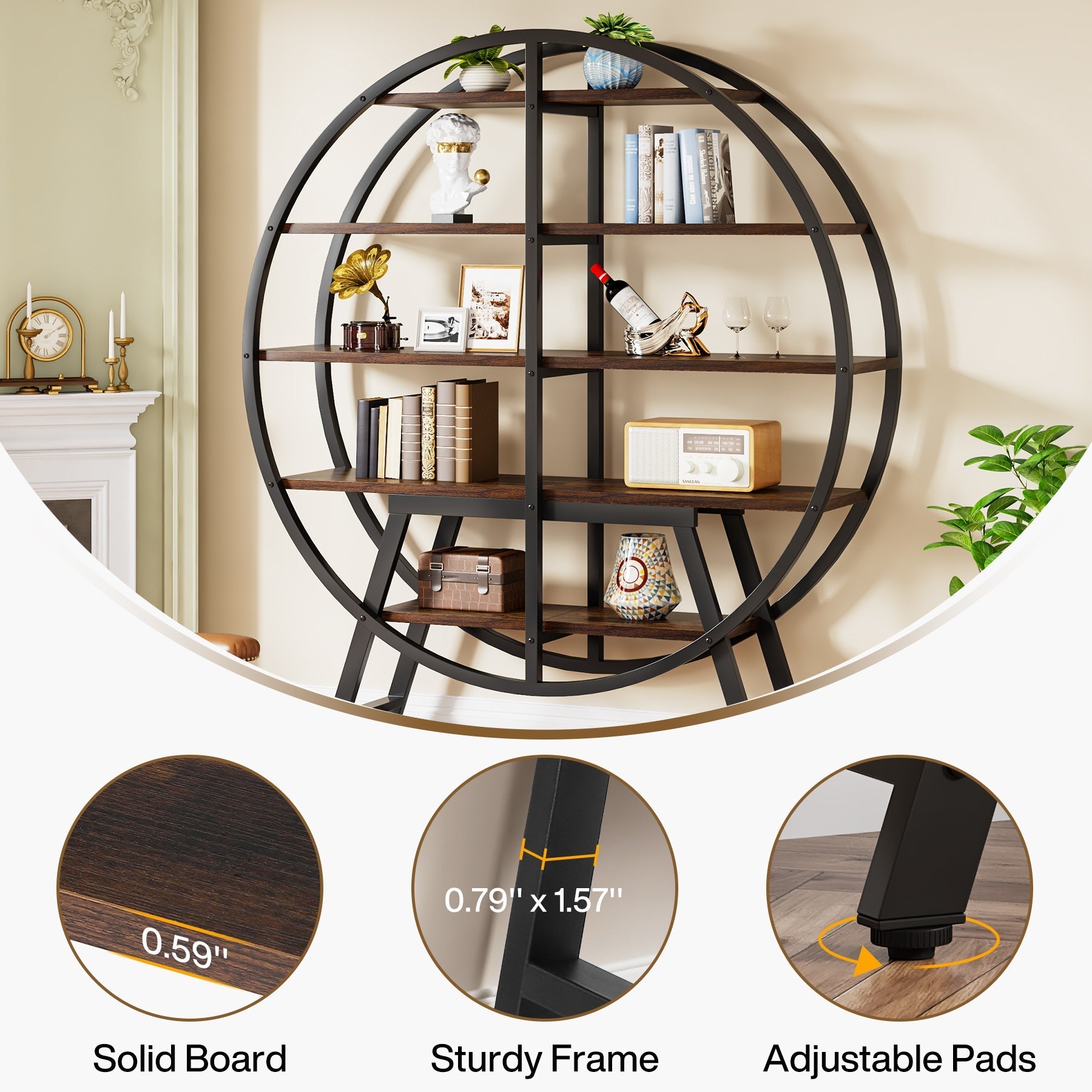 67" Industrial Bookshelf, 5-Tier Round Etagere Bookcase Display Shelf Tribesigns