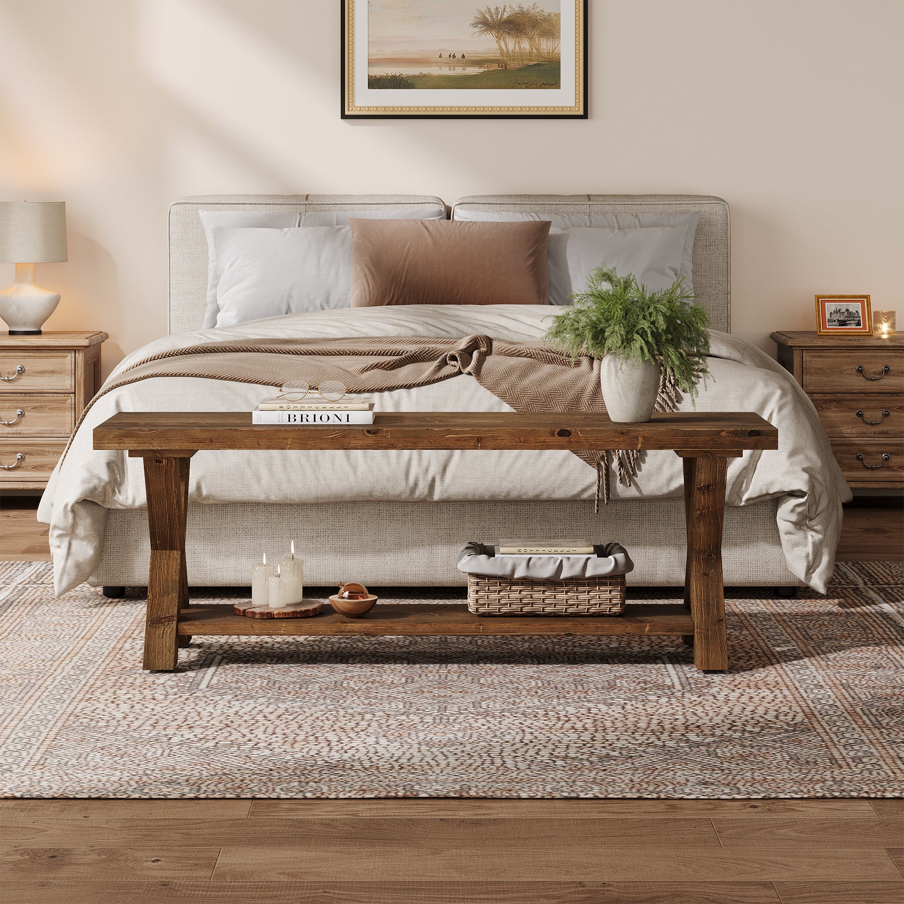 Tribesigns Massivholz Sitzbank 110 cm mit Ablagefach, Landhaus Schuhbank mit X-Gestell in Braun