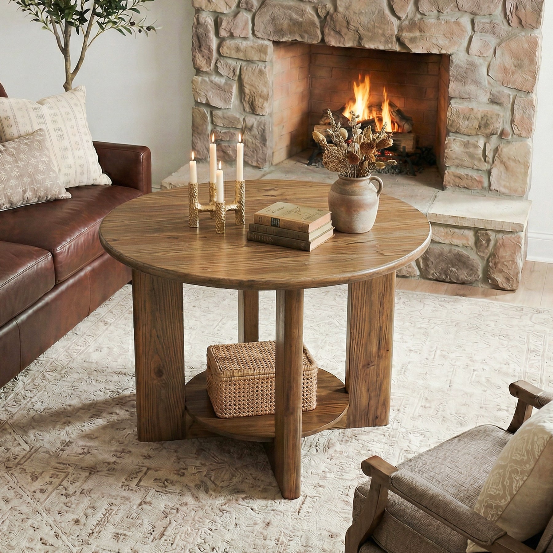 Tribesigns Runder Couchtisch aus Massivholz, 2 Ebenen Wohnzimmertisch mit Ablage