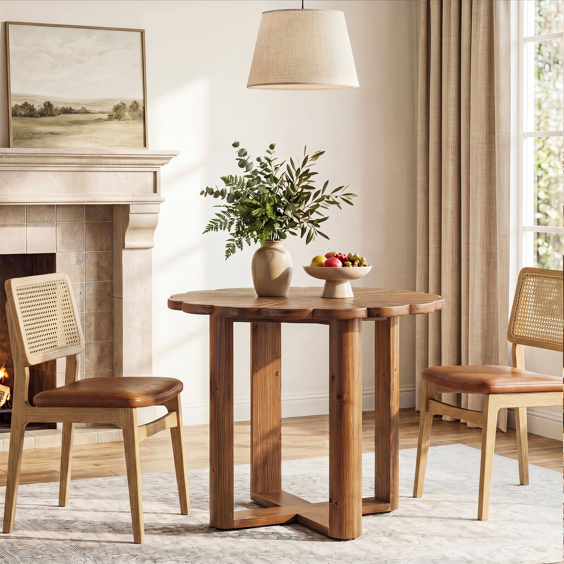 Tribesigns Massivholz Esstisch Rund 80 cm 2–4 Personen, Landhaus Eszimmertisch mit Floralem Schnitzmuster