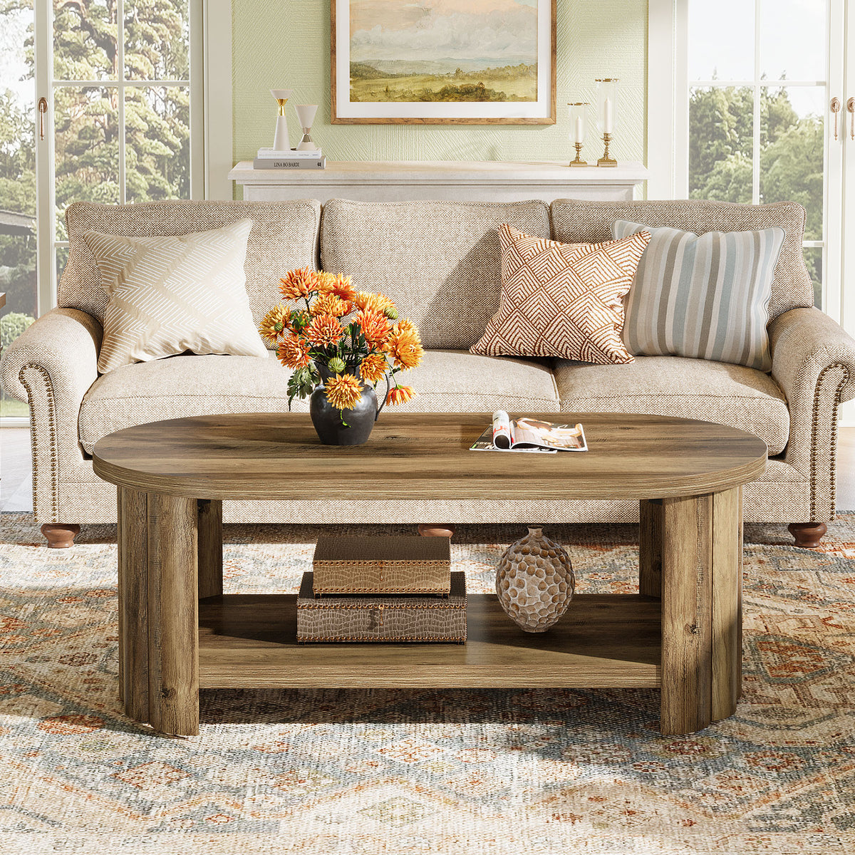 Tribesigns Ovaler Couchtisch 120 cm mit Ablagefach, Landhaus Wohnzimme