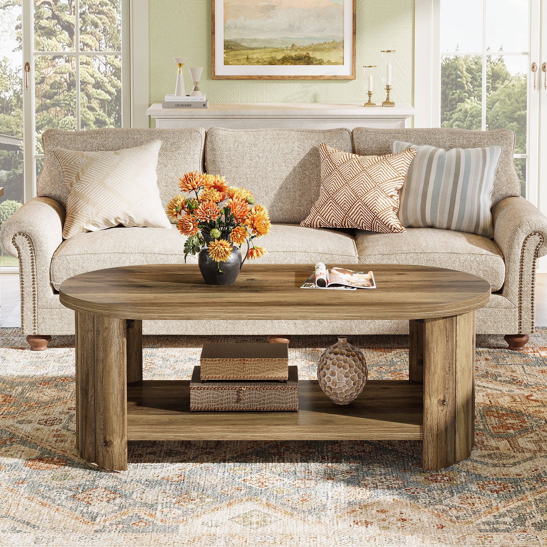 Tribesigns Ovaler Couchtisch 120 cm mit Ablagefach, Landhaus Wohnzimmertisch mit geriffeltem Standfuß