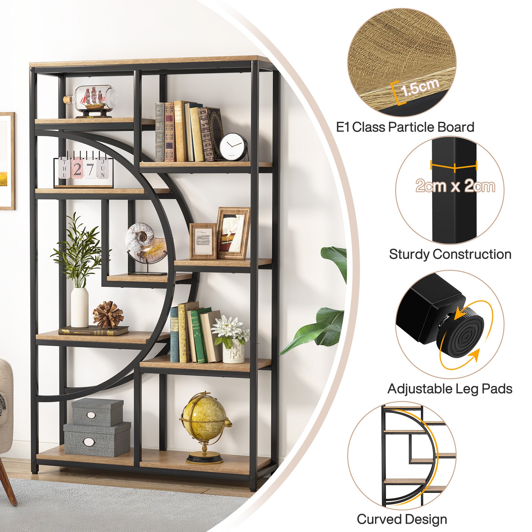 Freistehendes Bücherregal, 175 cm Etagere-Bücherregal mit 9 offenen Regalen