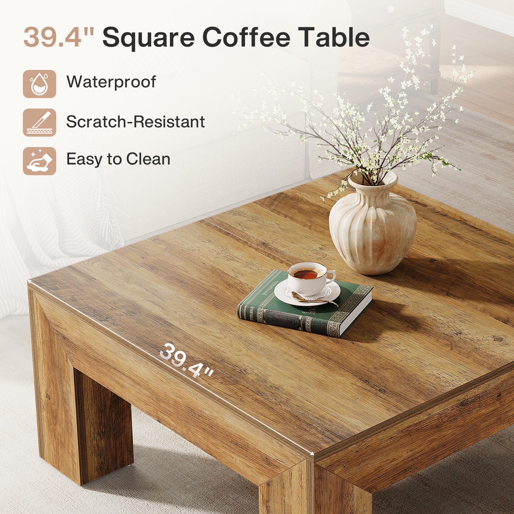 100 cm Quadratischer Couchtisch, Wohnzimmertisch aus Holz mit robusten Beinen für Sofa & Schlafzimmer