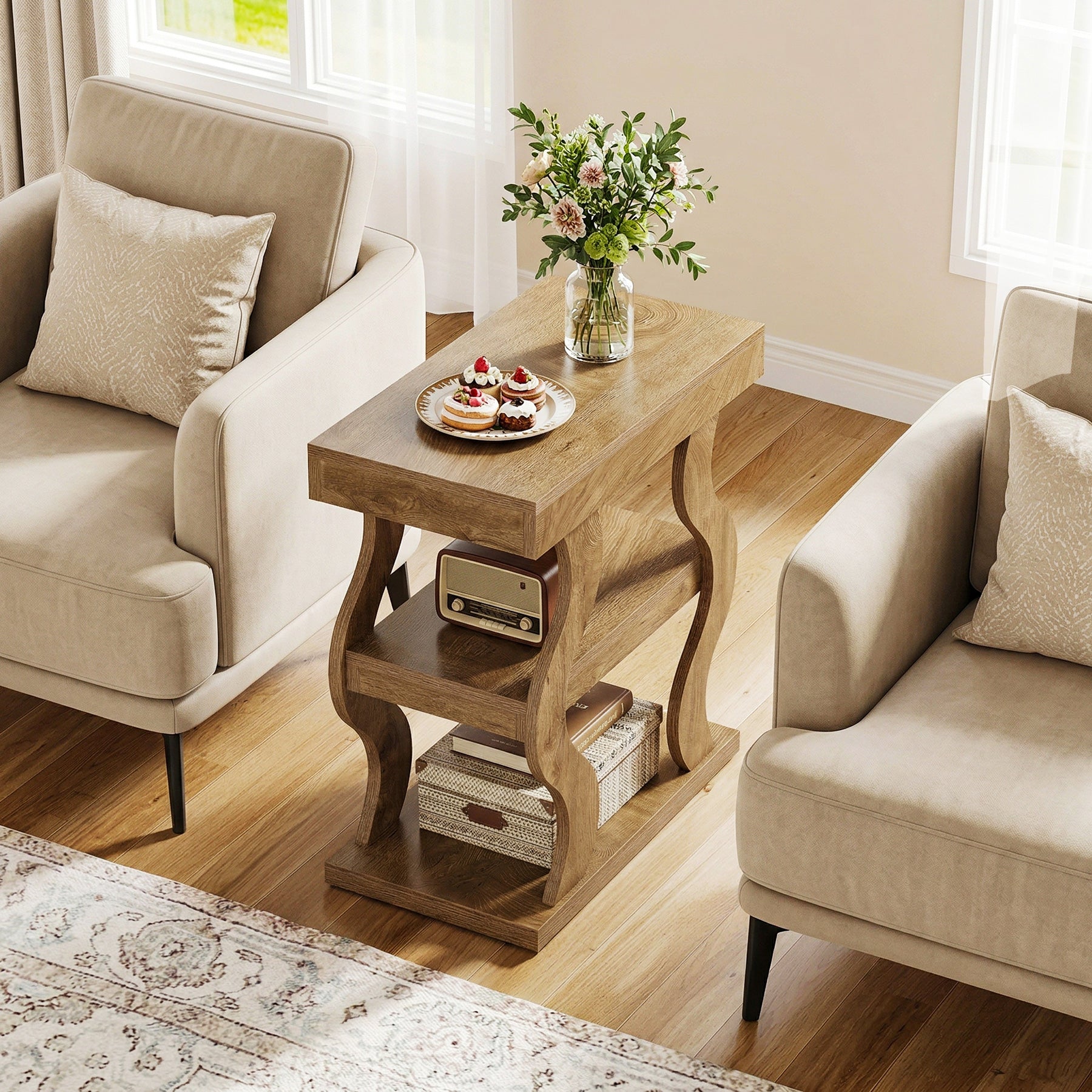 Tribesigns Beistelltisch Landhausstil 61 cm, Schmaler 3-stufiger Nachttisch mit Stauraum
