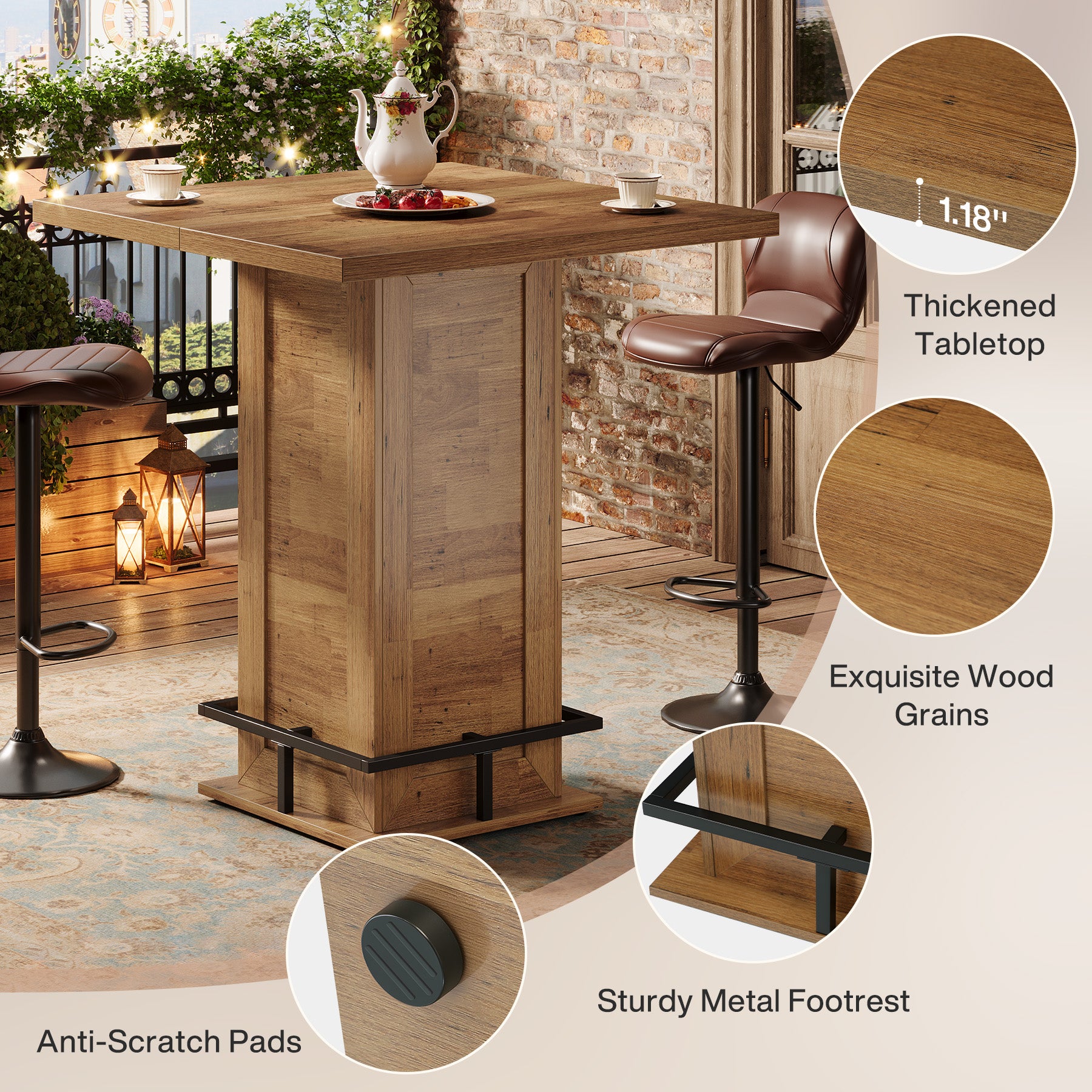 Tribesigns Quadratischer Bartisch 100 cm, Stehtisch mit Fußablage, kompakter Küchentisch im Industrial-Design