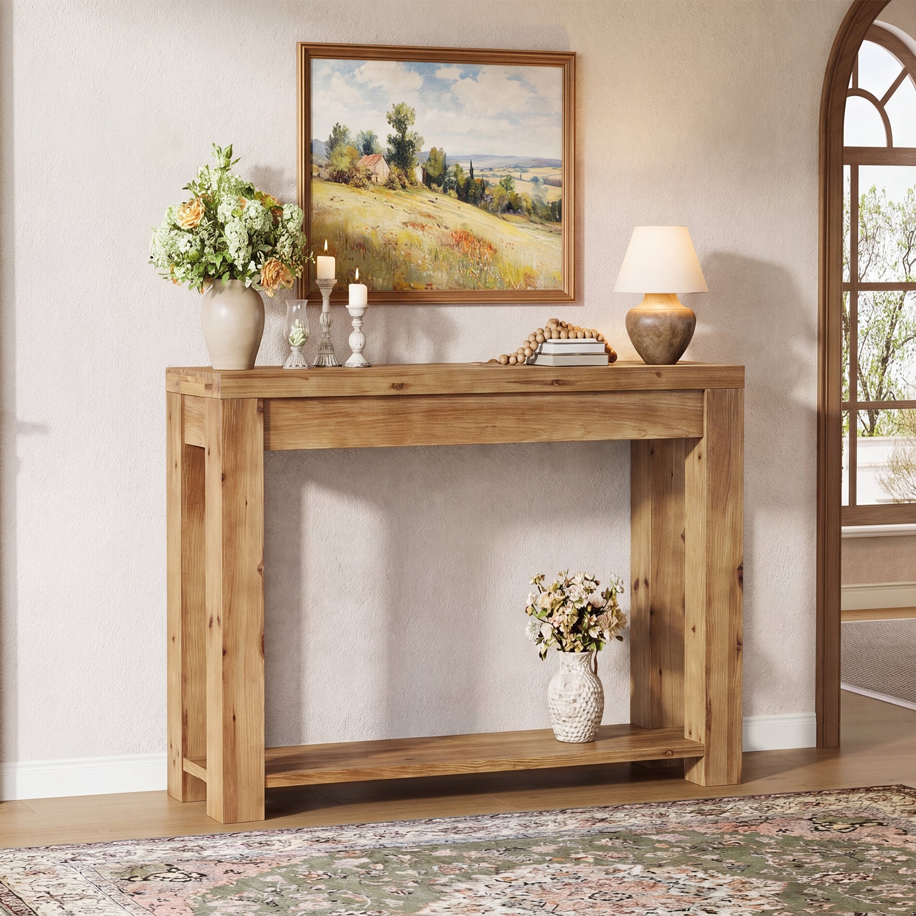 Tribesigns Konsolentisch aus Massivholz 110 cm, Schmaler Flurtisch mit 2 Ablagen