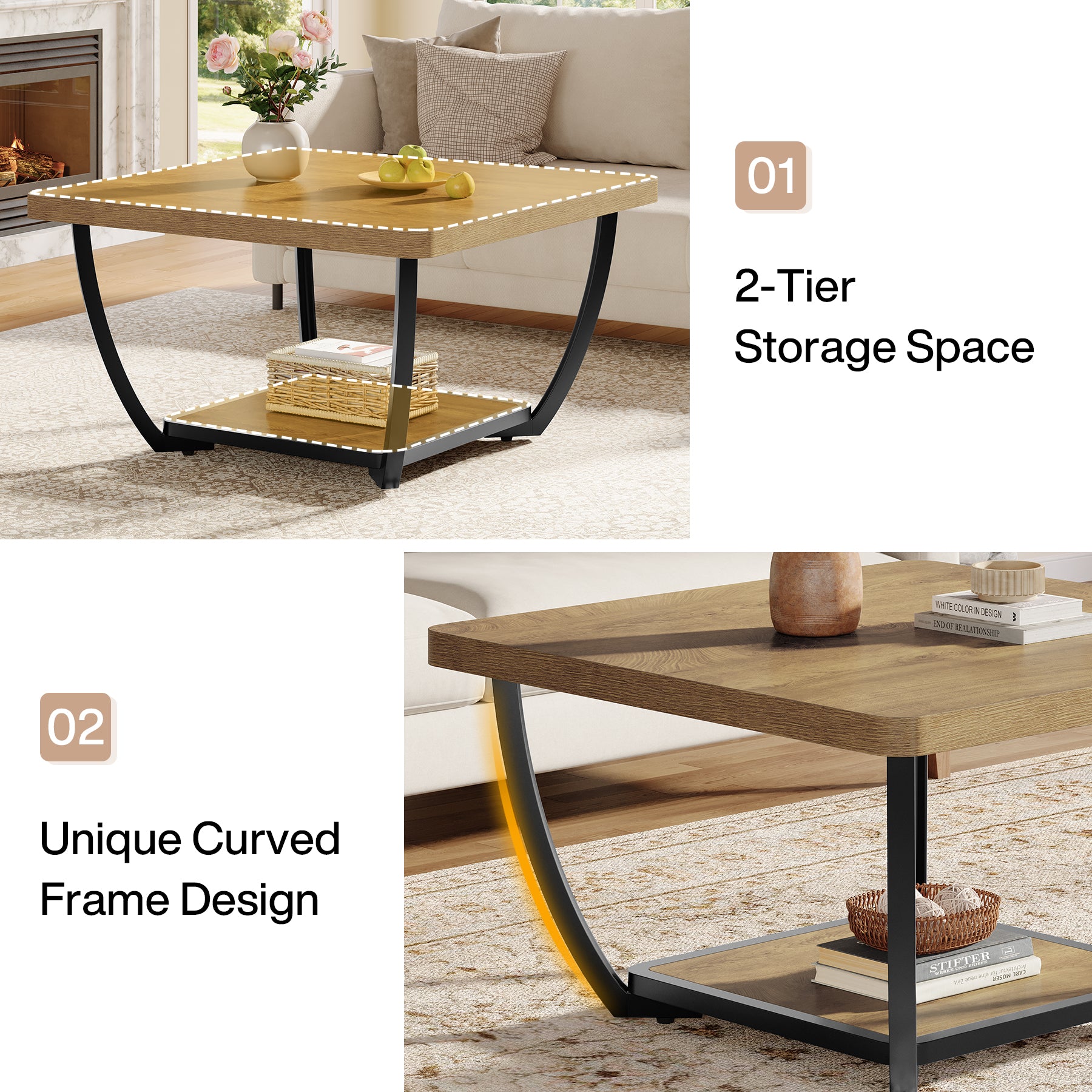 Tribesigns Quadratischer Couchtisch 80 cm mit Ablage, 2-Ebenen Wohnzimmertisch mit Metallgestell