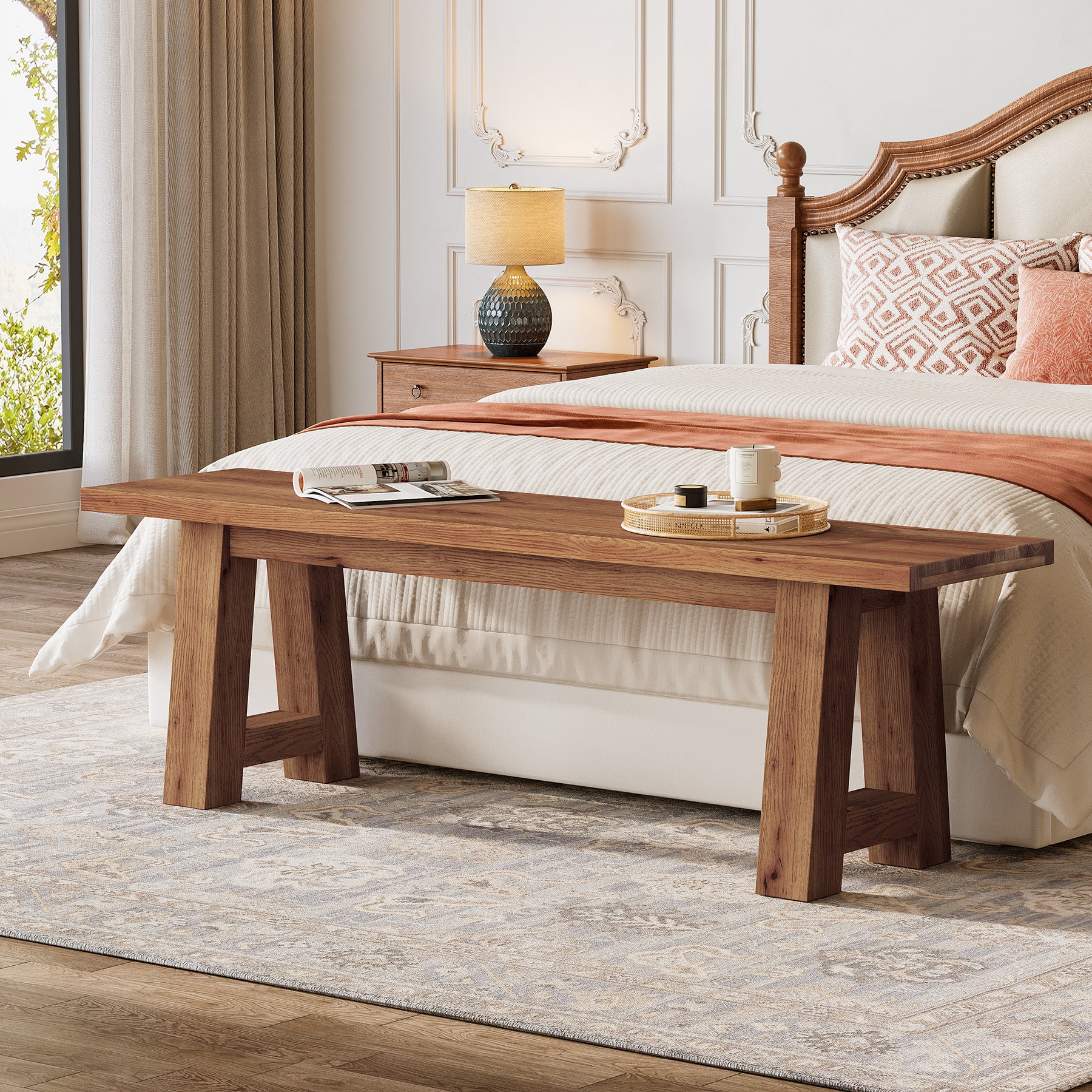 Massivholz Sitzbank 140 cm im Landhausstil, lange Eingangsbank aus Naturholz