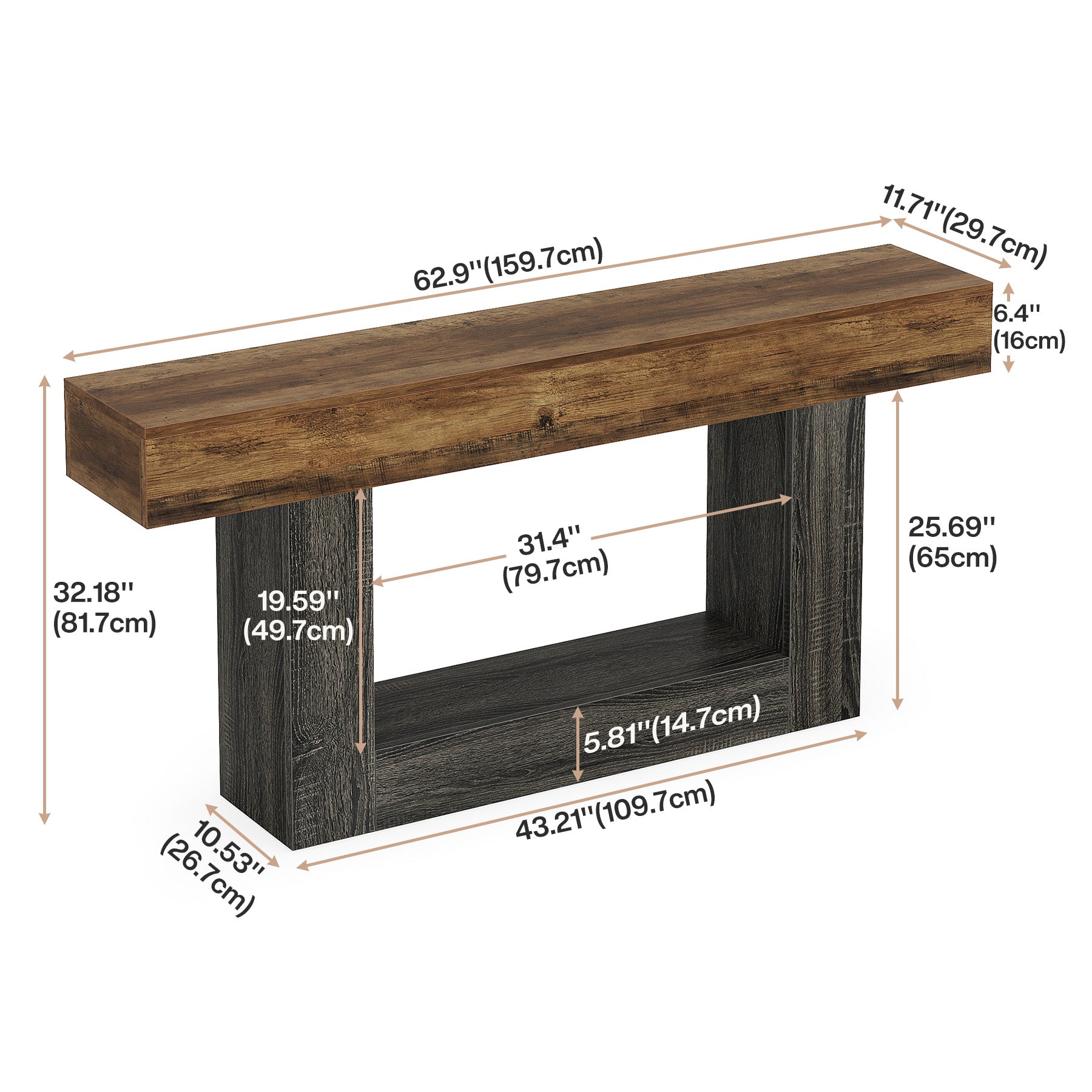 160 cm Konsolentisch, Bauernhaus-Sofatisch mit 2 Ebenen, Eingangstisch