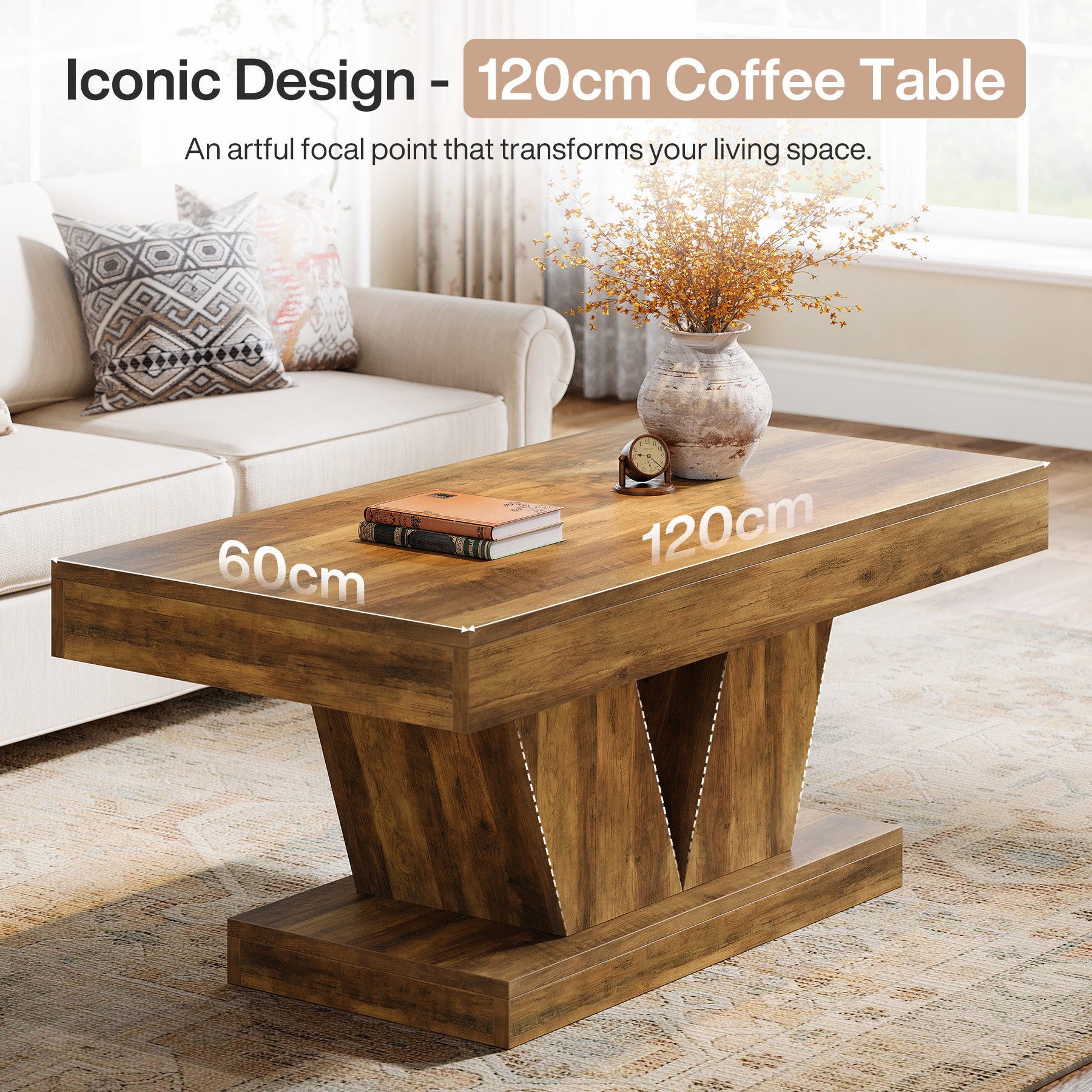 Rechteckiger Couchtisch 120 cm im Mid-Century Stil, Wohnzimmertisch in Holzoptik mit massivem Sockel und V-Form Basis