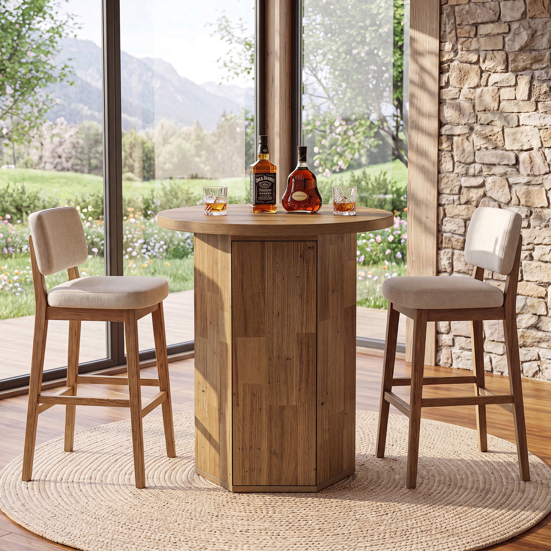 Tribesigns Bartisch Rund 80 cm mit Stauraum, Hoher Stehtisch mit integriertem Schrank im Landhausstil
