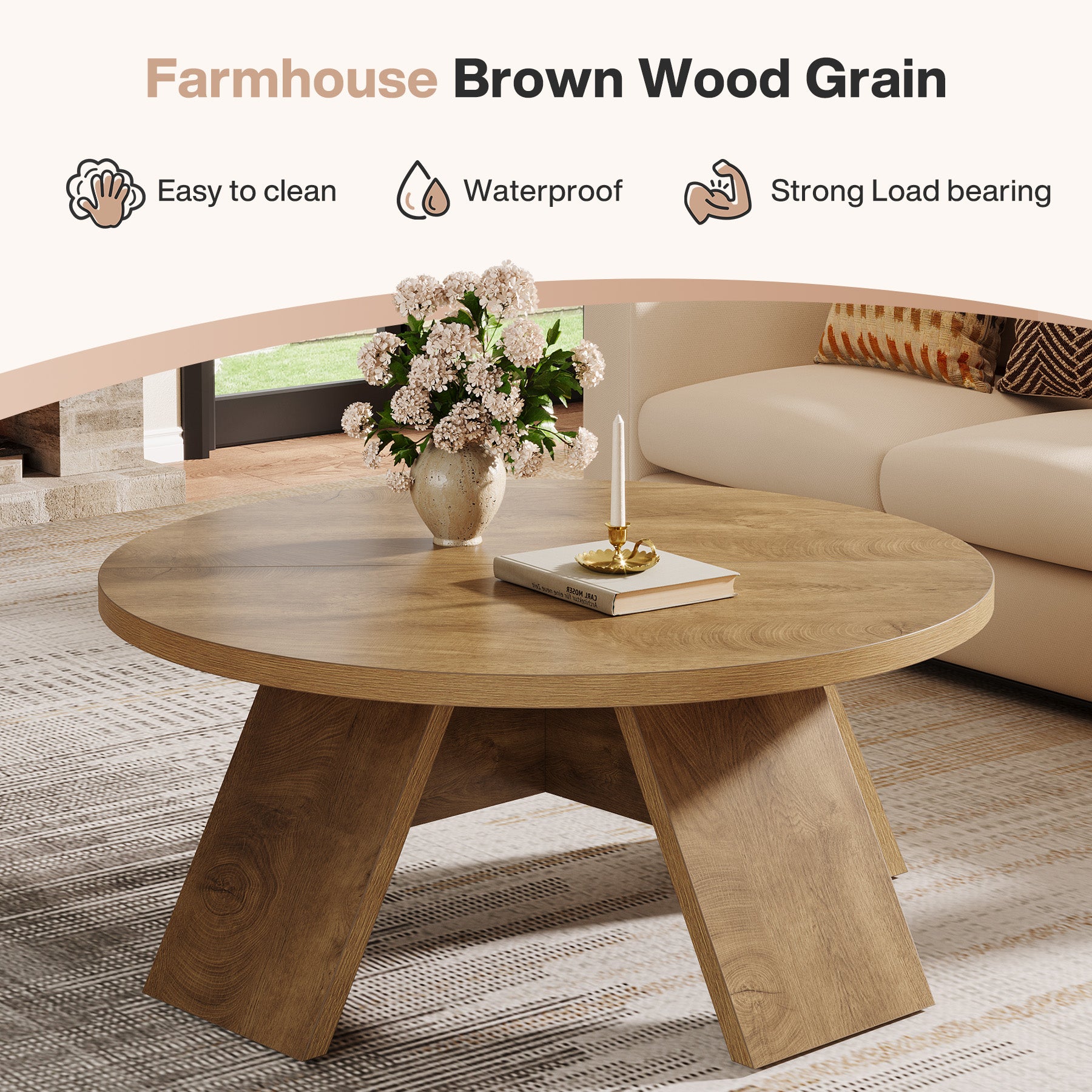 Tribesigns Runder Couchtisch 100 cm – Moderner Wohnzimmertisch aus Holz mit stabilem Standfuß, großer Beistelltisch