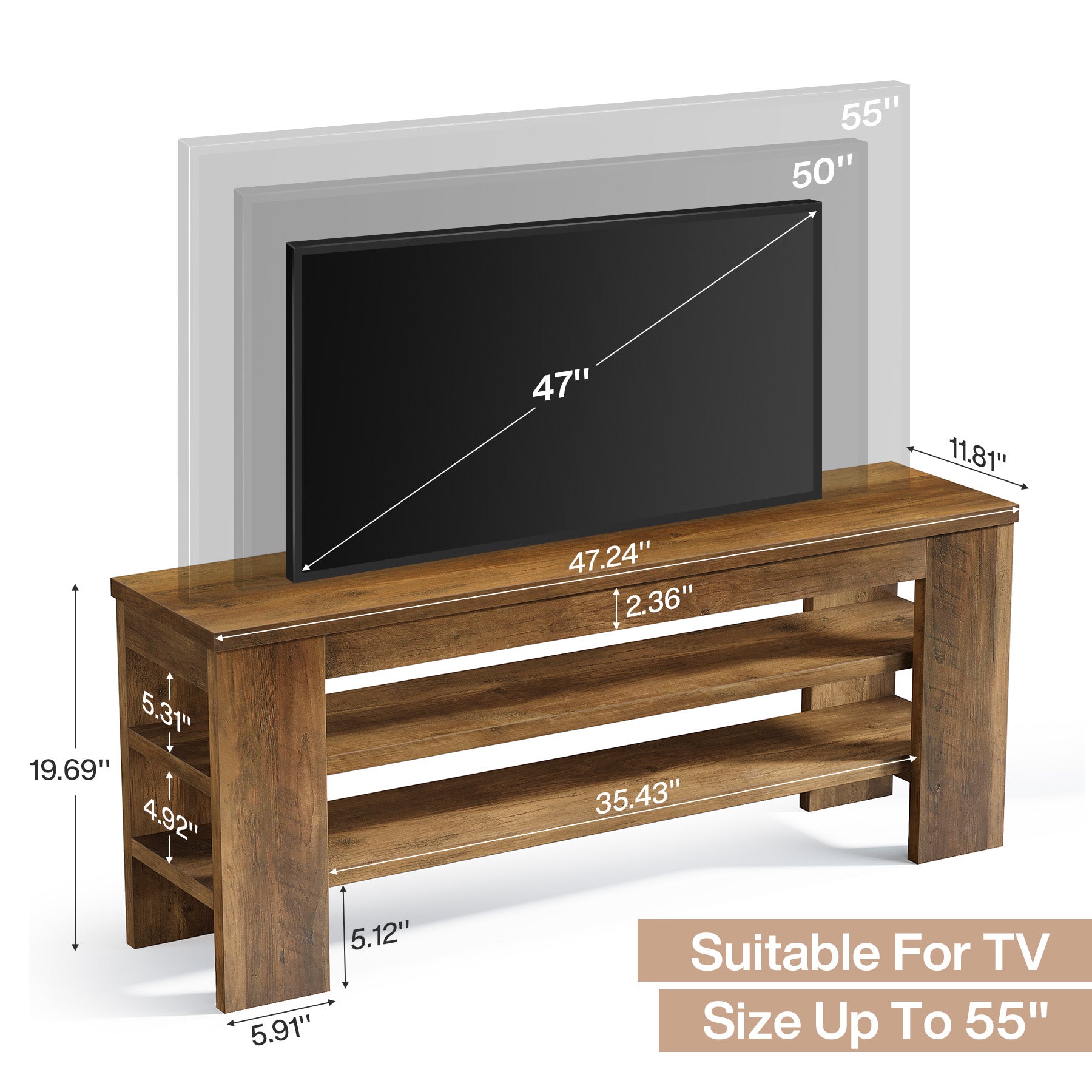 TV Lowboard für 55 Zoll Fernseher, 120 cm Medienkonsole mit offenen Regalfächern & Soundbar-Ablage