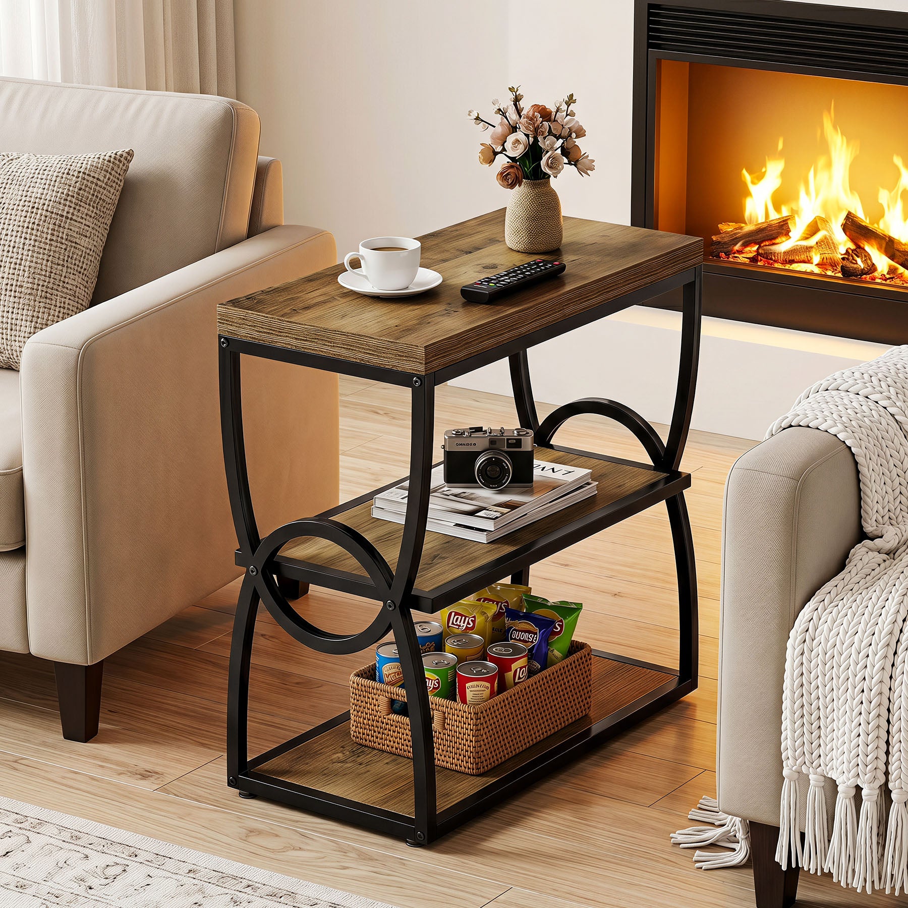 Tribesigns Beistelltisch 60 cm mit 3 Ablagen, Schmaler Nachttisch im Industrial-Stil