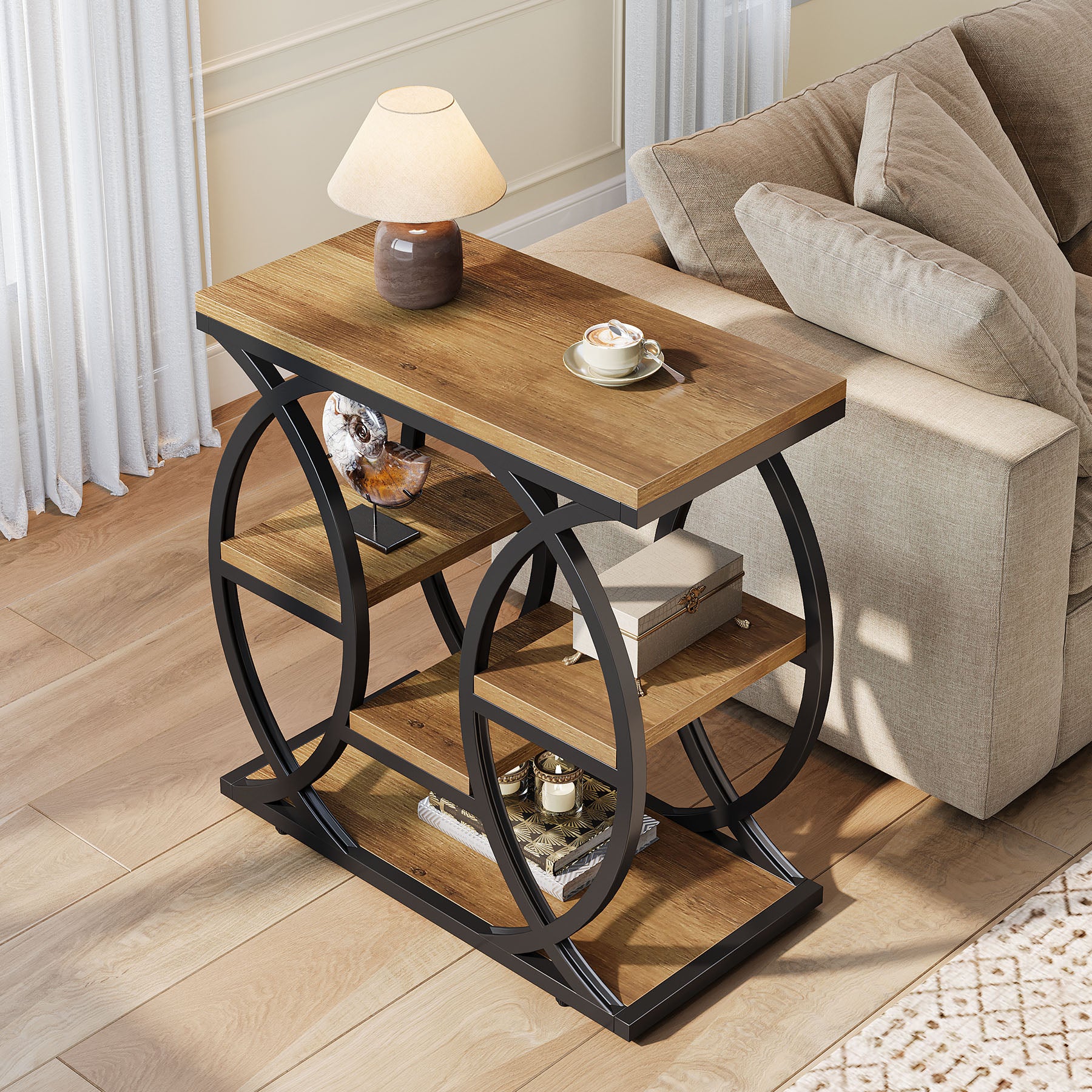 Beistelltisch mit 4 Ablagen, 60cm schmaler Nachttisch mit Stauraum