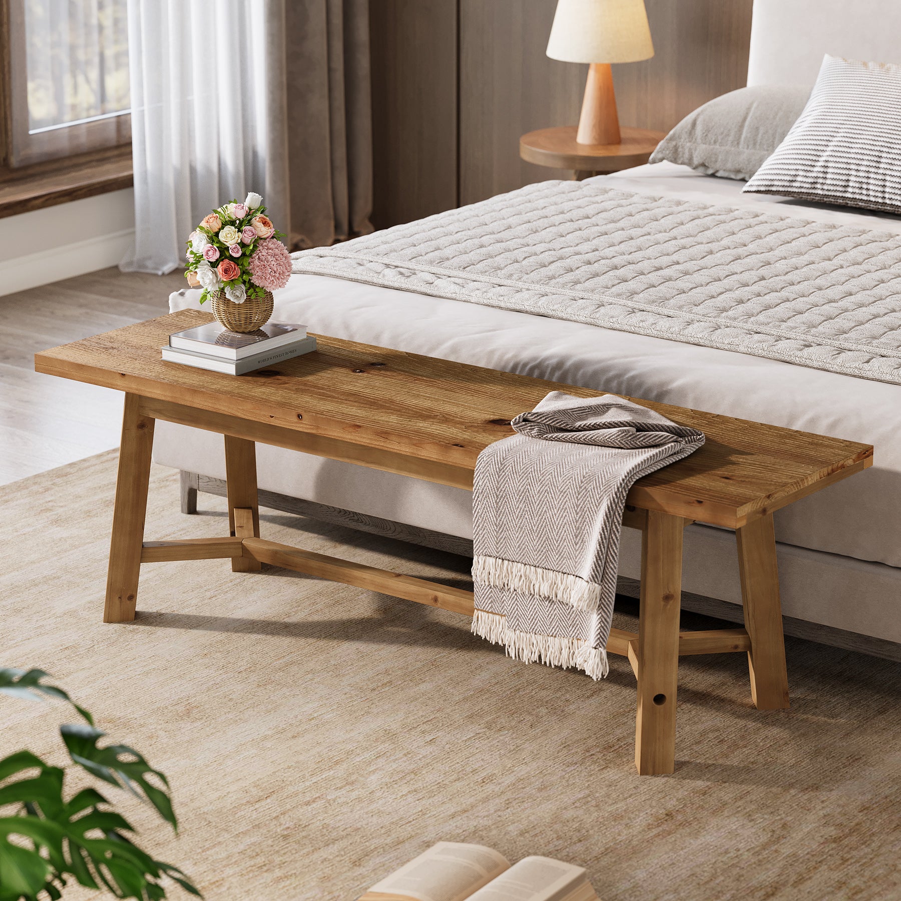 Tribesigns Massivholz Sitzbank 140 cm, Holzbank im Landhausstil, Flurbank & Schuhbank, Esszimmerbank