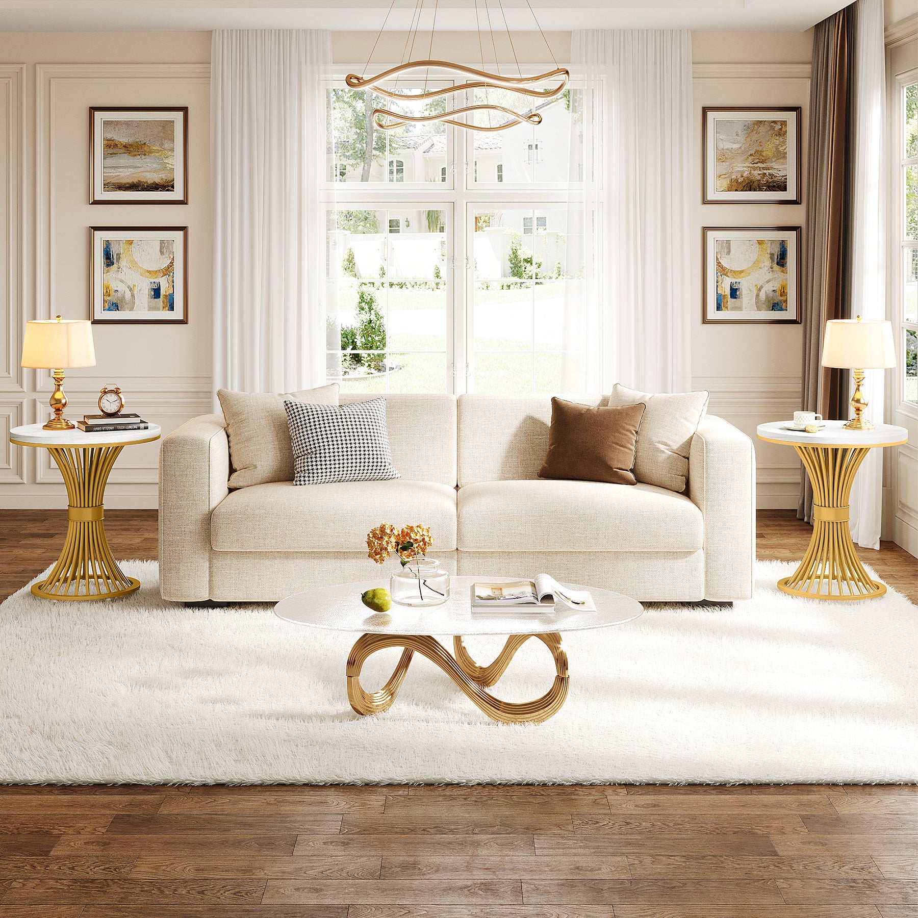 Runder Beistelltisch mit Marmoroptik, Moderner Nachttisch mit Metallgestell