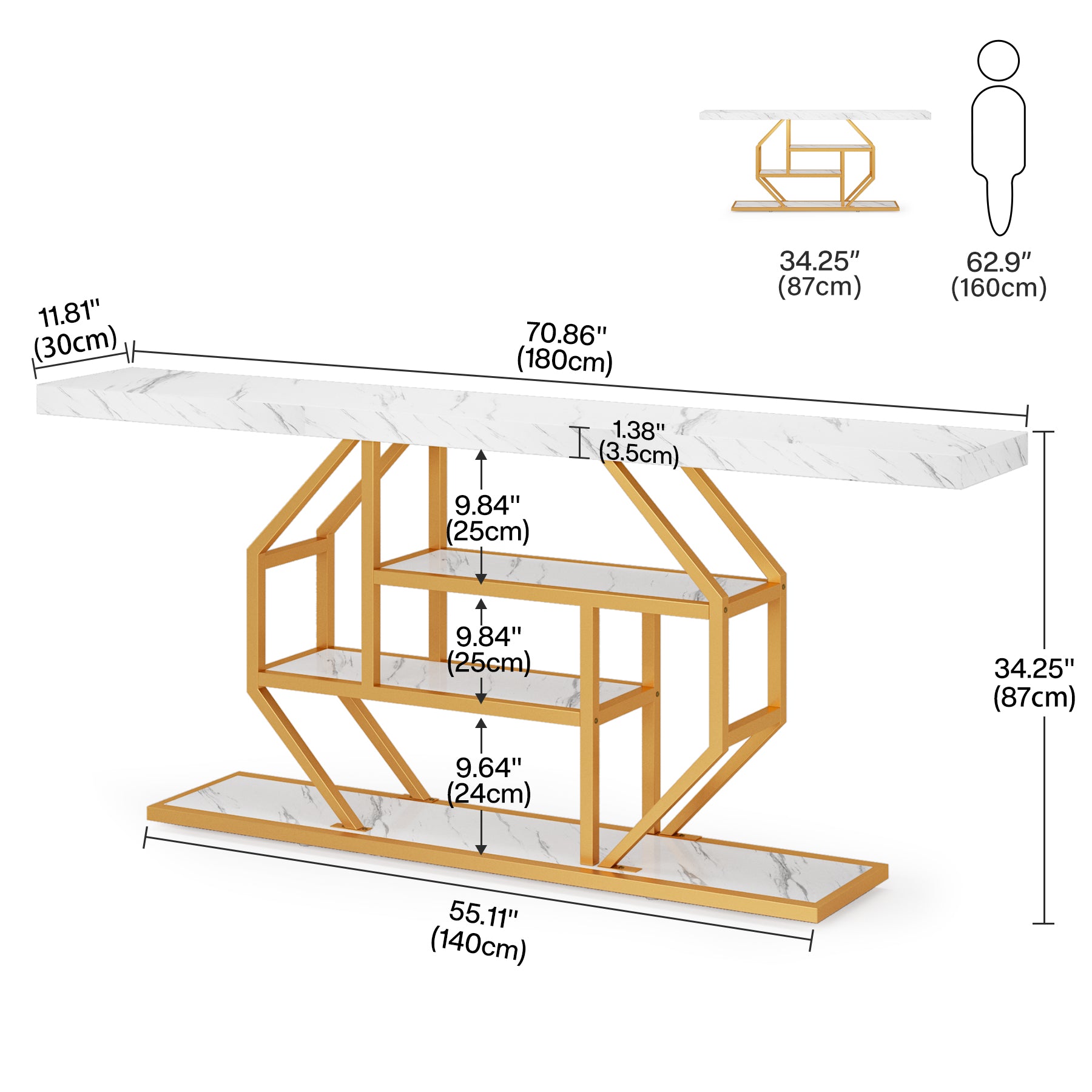 Konsolentisch mit 4 Ebenen, 180cm Sofatisch, Akzenttisch mit Ablageflächen