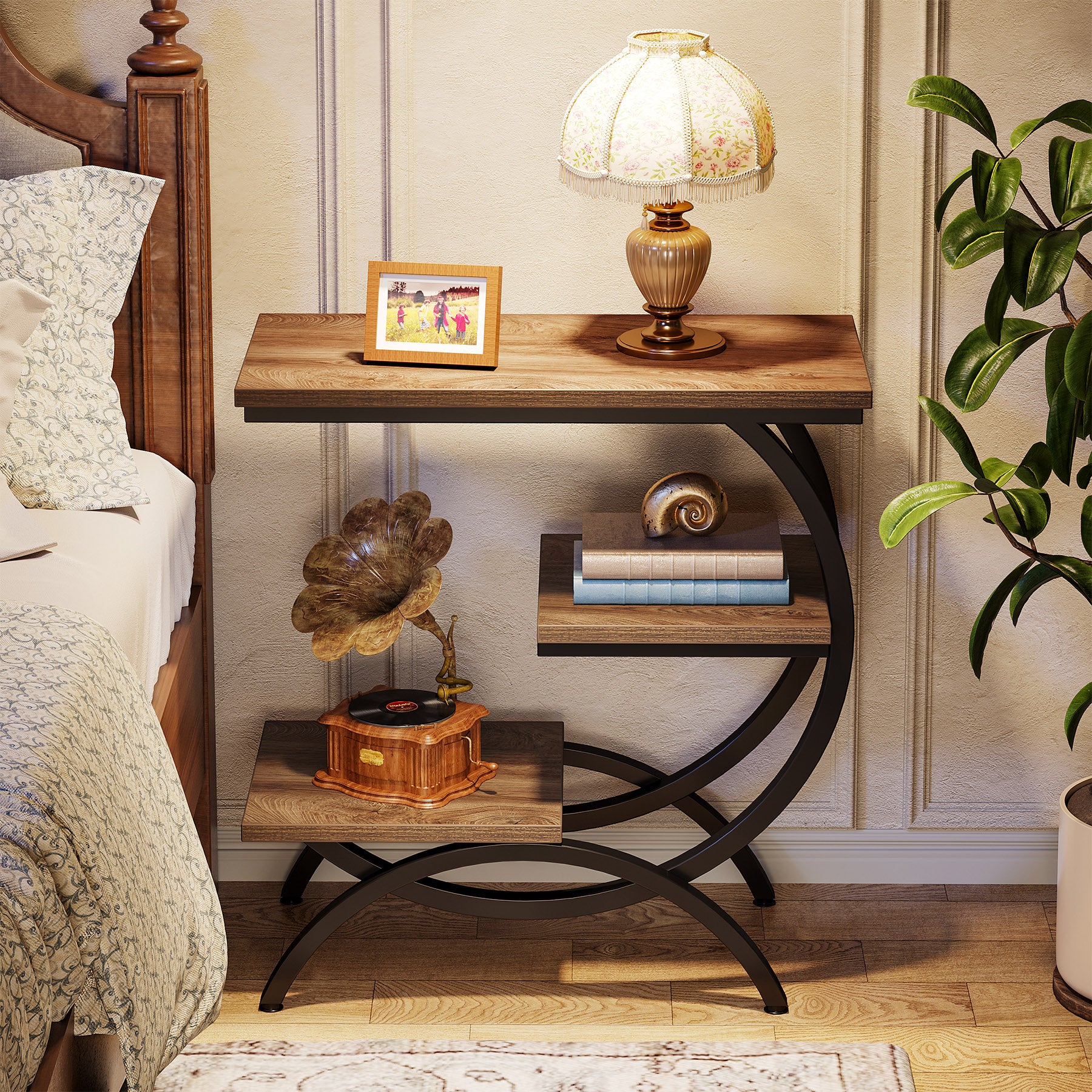 Industrieller C-förmiger Beistelltisch - 3-stöckiger kleiner Tisch mit Ablagefächern