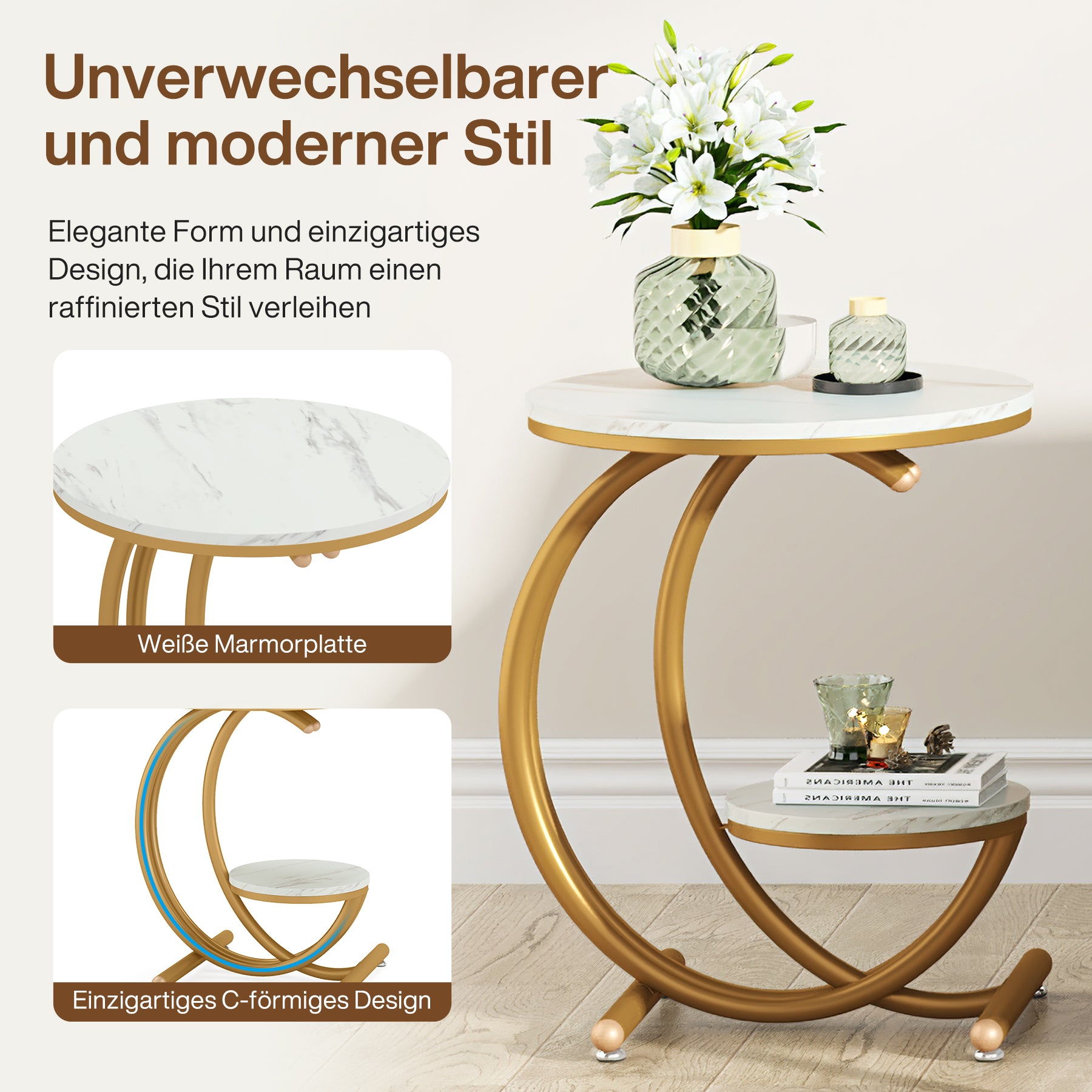 Moderner 2-stöckiger Beistelltisch mit Kunstmarmorplatte, C-Fuß für Wohnzimmer