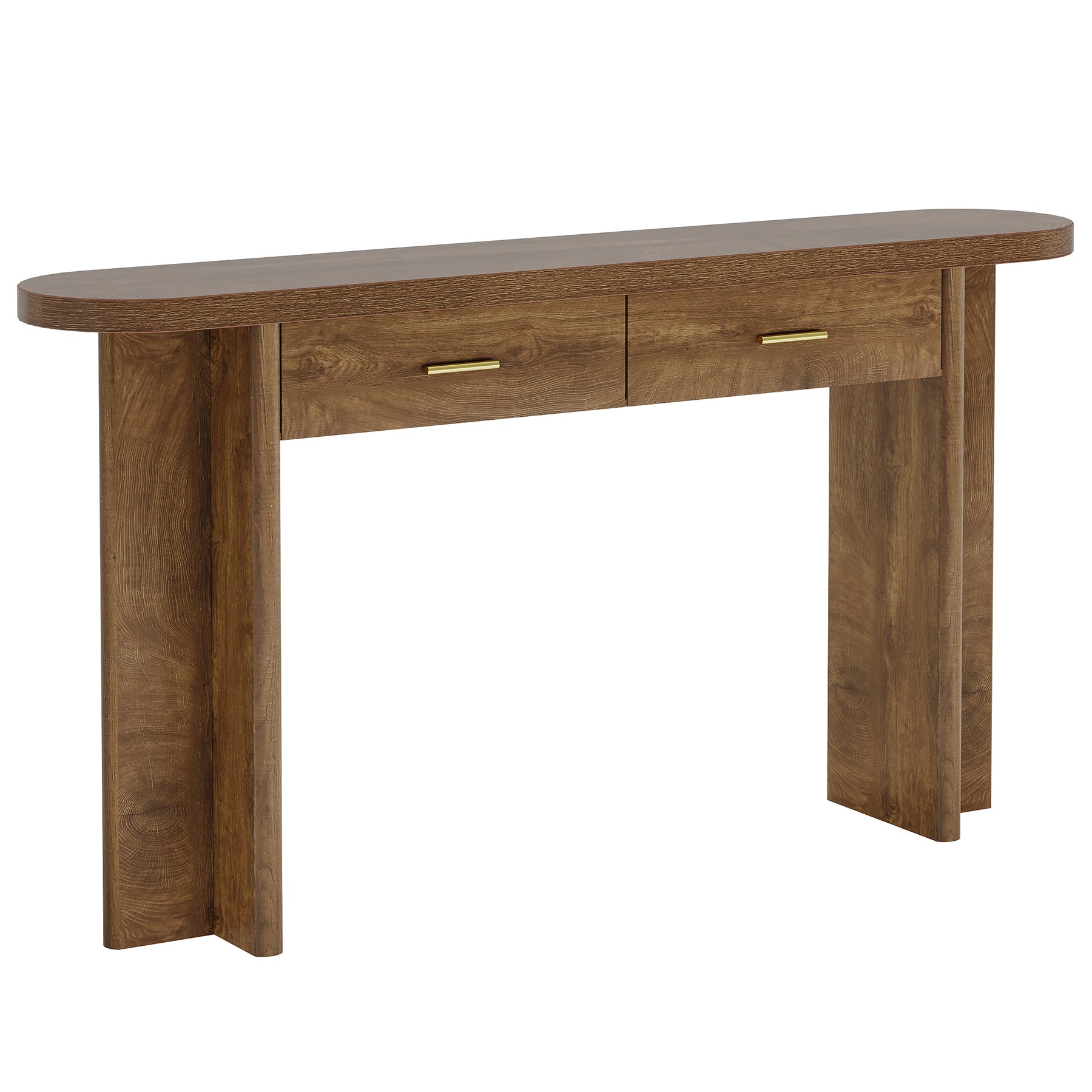 160 cm Holz-Konsolentisch im Landhausstil, Ovaler Flurtisch mit 2 Schubladen und Stauraum