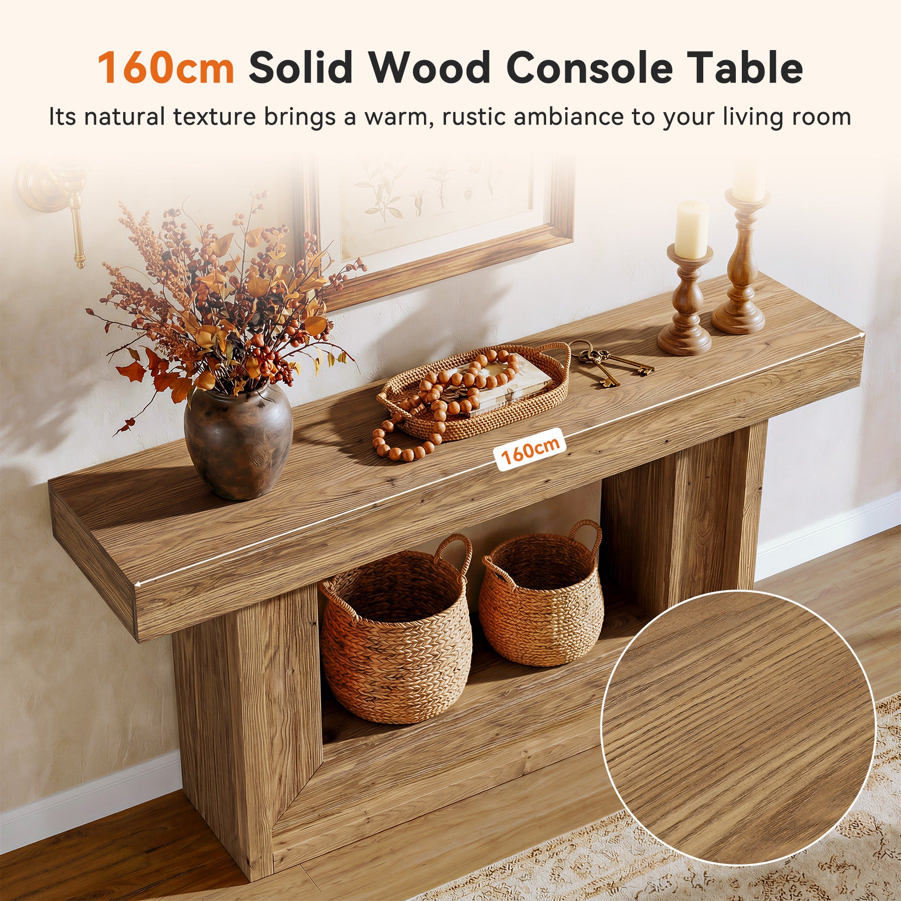 Tribesigns 160 cm schmaler Konsolentisch aus Massivholz im Landhausstil mit U-Gestell & Ablage