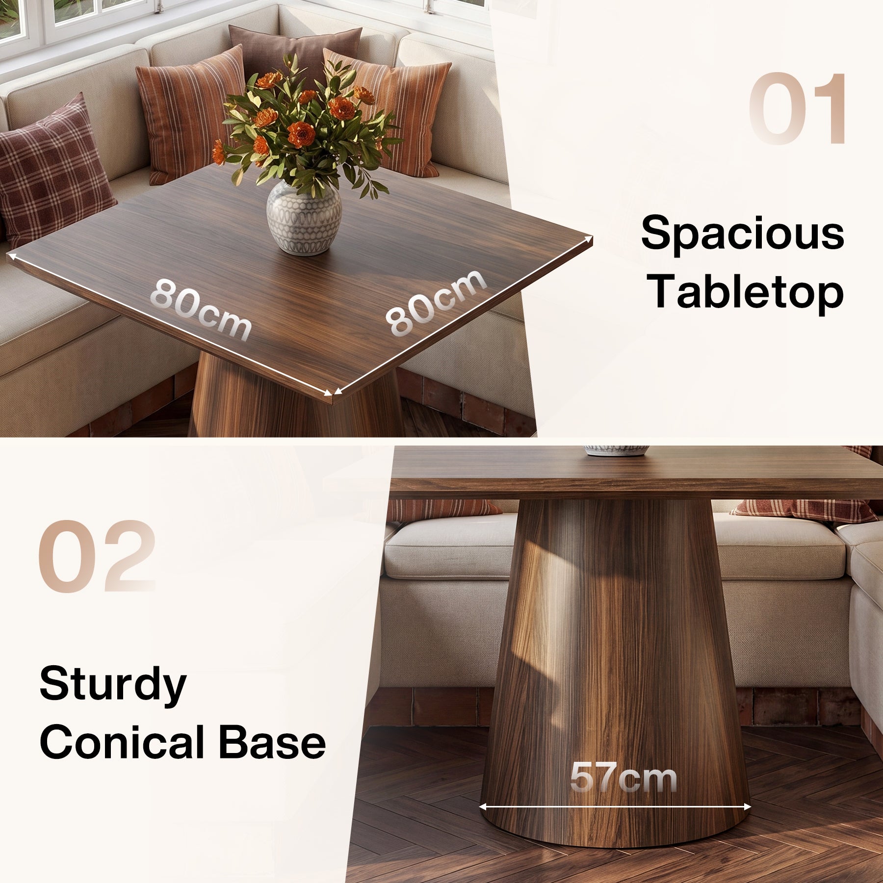 Tribesigns Quadratischer Esstisch 80 cm für 2–4 Personen, Küchentisch im Mid-Century Stil mit Sockelgestell