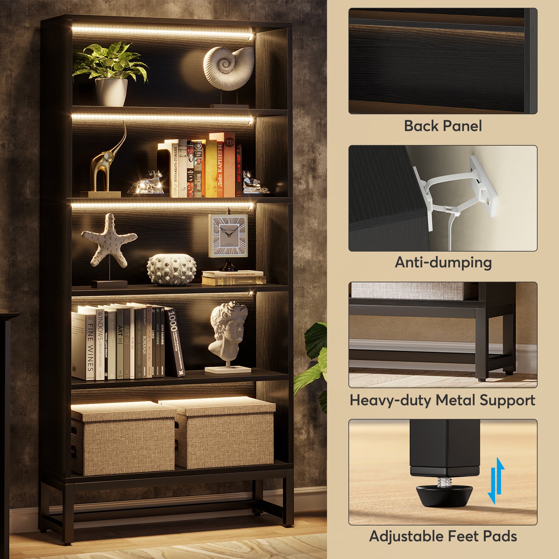 Tribesigns Bücherregal mit LED Beleuchtung, 180 cm Hohes Schwarzes Standregal mit 5 Ebenen