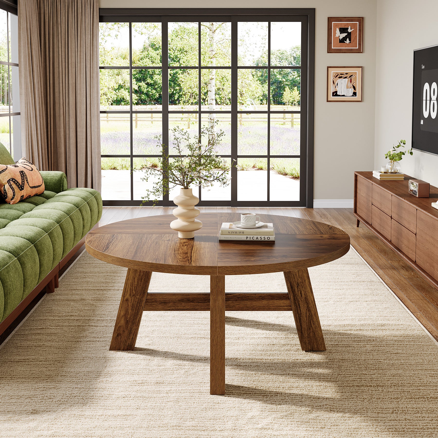 Runder Couchtisch 80 cm im Mid-Century-Stil, Wohnzimmertisch aus Holz mit verstärkter Kreuzstrebe