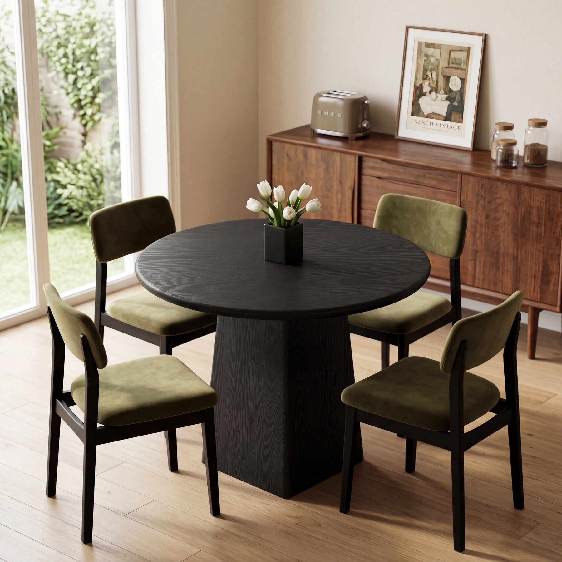 80 cm Runder Landhaus-Küchentisch mit quadratischer Basis - Rustikaler Esstisch für 2-4 Personen in Braun