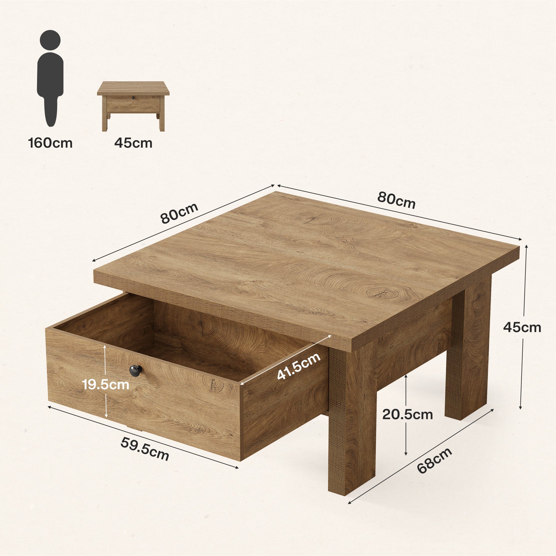 Tribesigns Quadratischer Couchtisch 80 cm mit Schublade, Landhaus Wohnzimmertisch mit verstecktem Stauraum