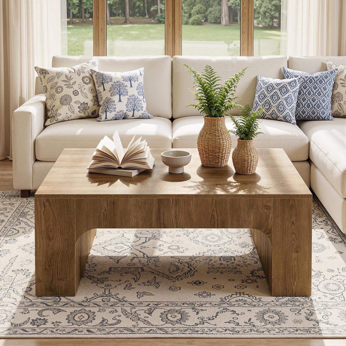 Tribesigns Quadratischer Couchtisch 100 cm im Landhausstil mit geschwungenem Design