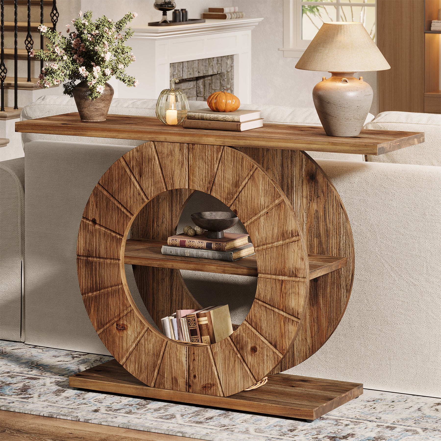 Tribesigns Massivholz Konsolentisch 105 cm mit 3 Ablagen, Schmale Flurkonsole im Landhausstil mit Rundem Design