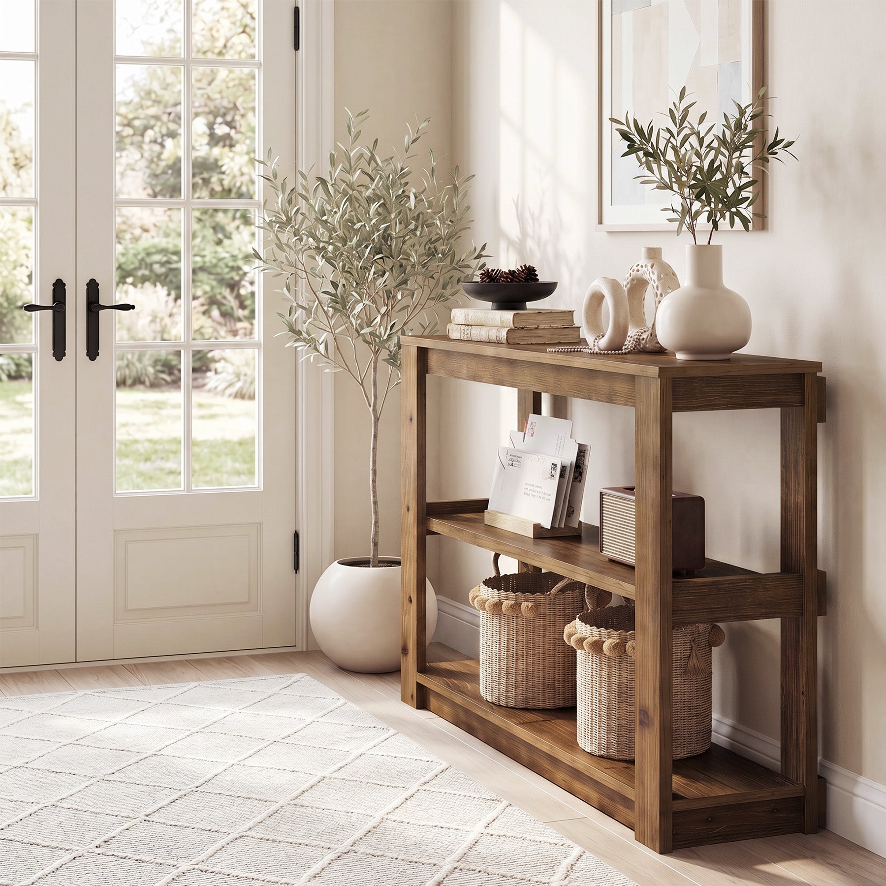 Tribesigns 105 cm Konsolentisch aus Massivholz mit 3 Ablagen, Schmaler Flurtisch im Landhausstil