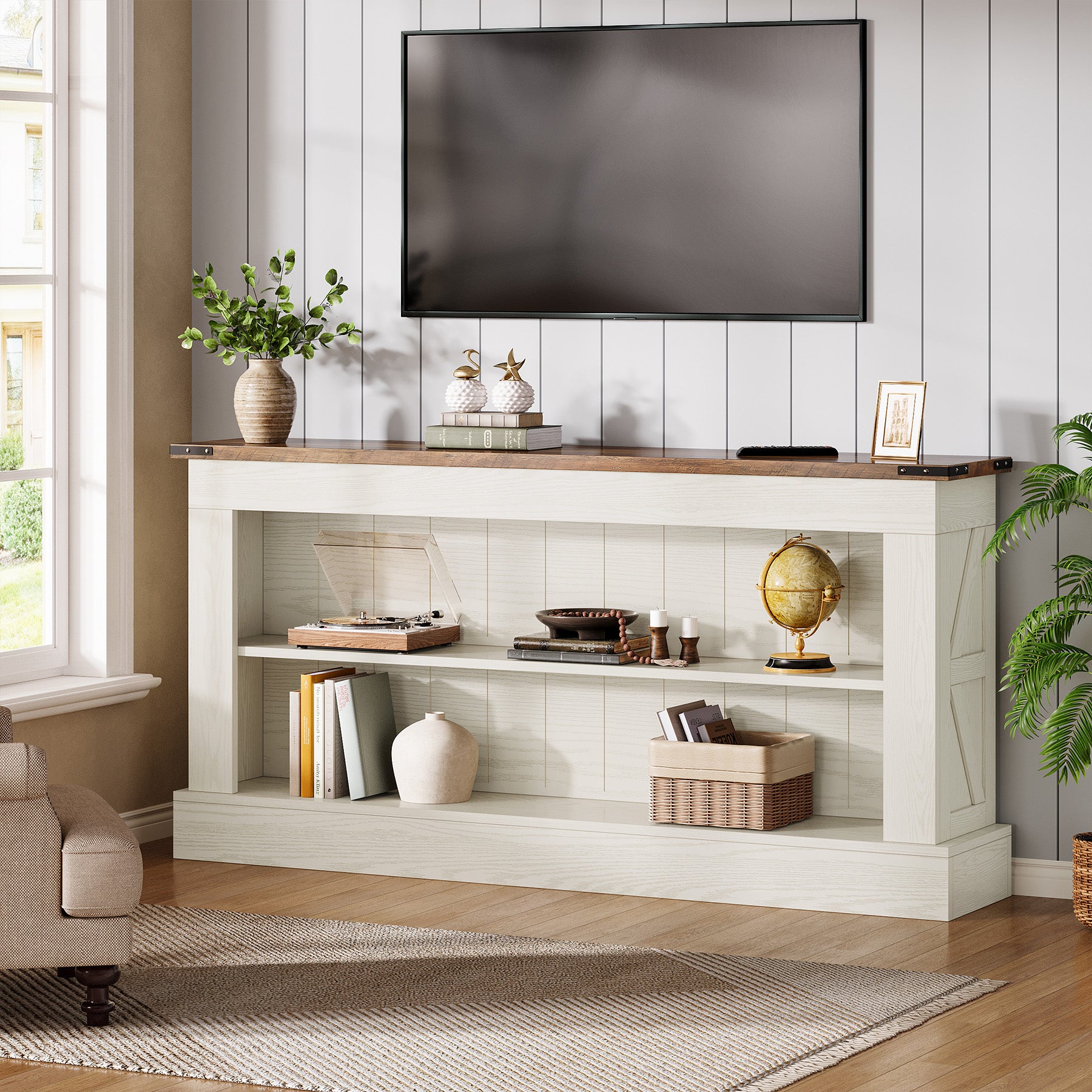 Schmaler Konsolentisch 160 cm mit Ablagen, Landhaus Flurtisch für Eingangsbereich & Sofa