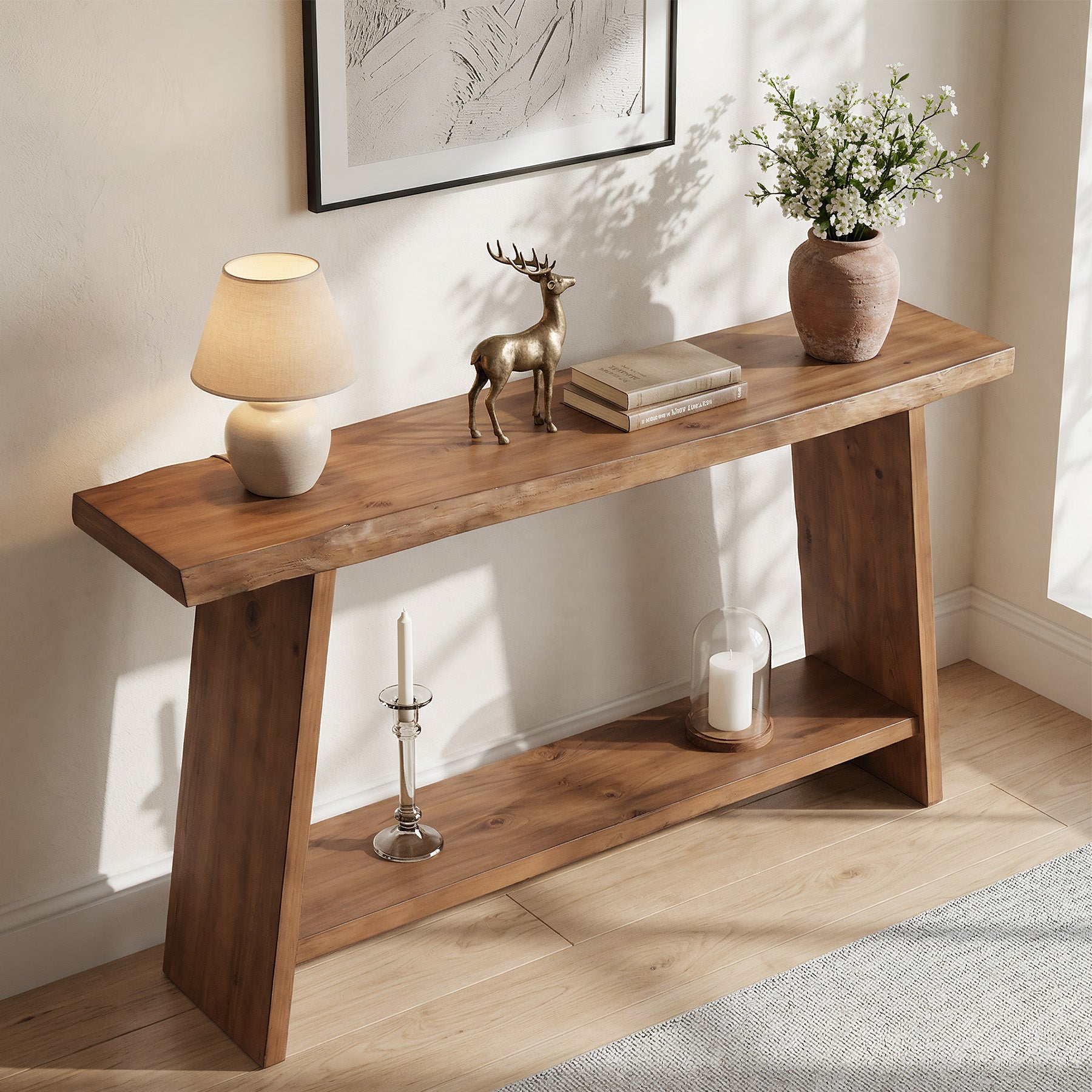 Tribesigns Massivholz Konsolentisch, 160 cm schmaler Flurtisch im Landhausstil mit 2 Ablagen