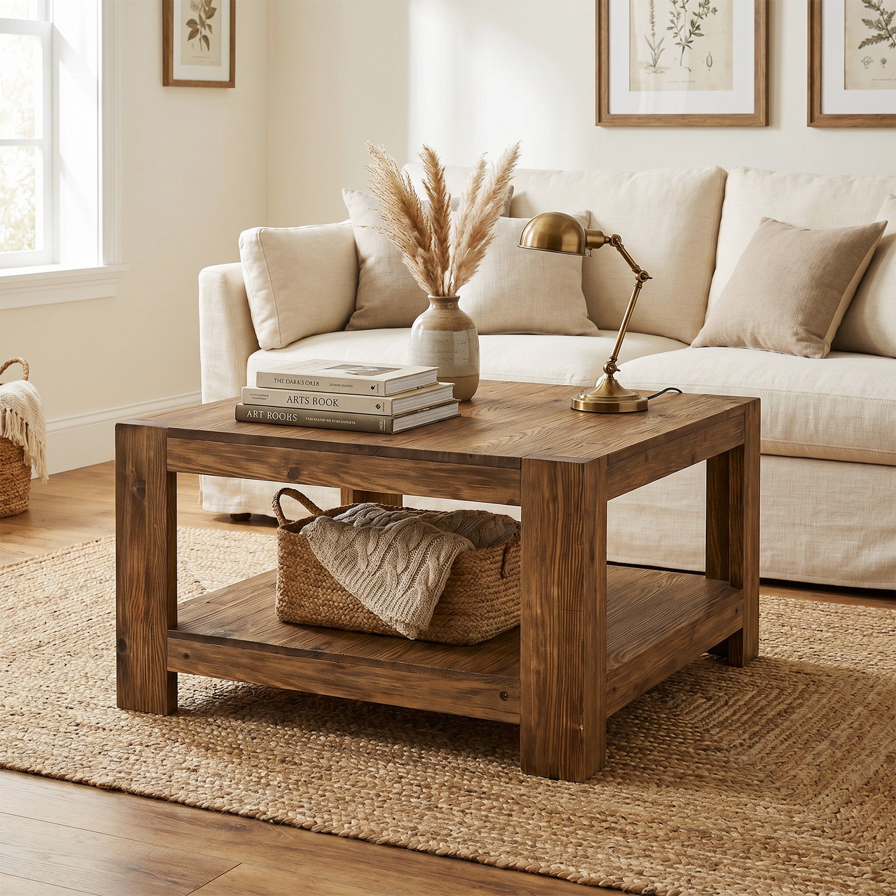 Tribesigns Massivholz Couchtisch 80 cm mit Ablage, quadratischer Wohnzimmertisch im Landhausstil mit 2 Ebenen