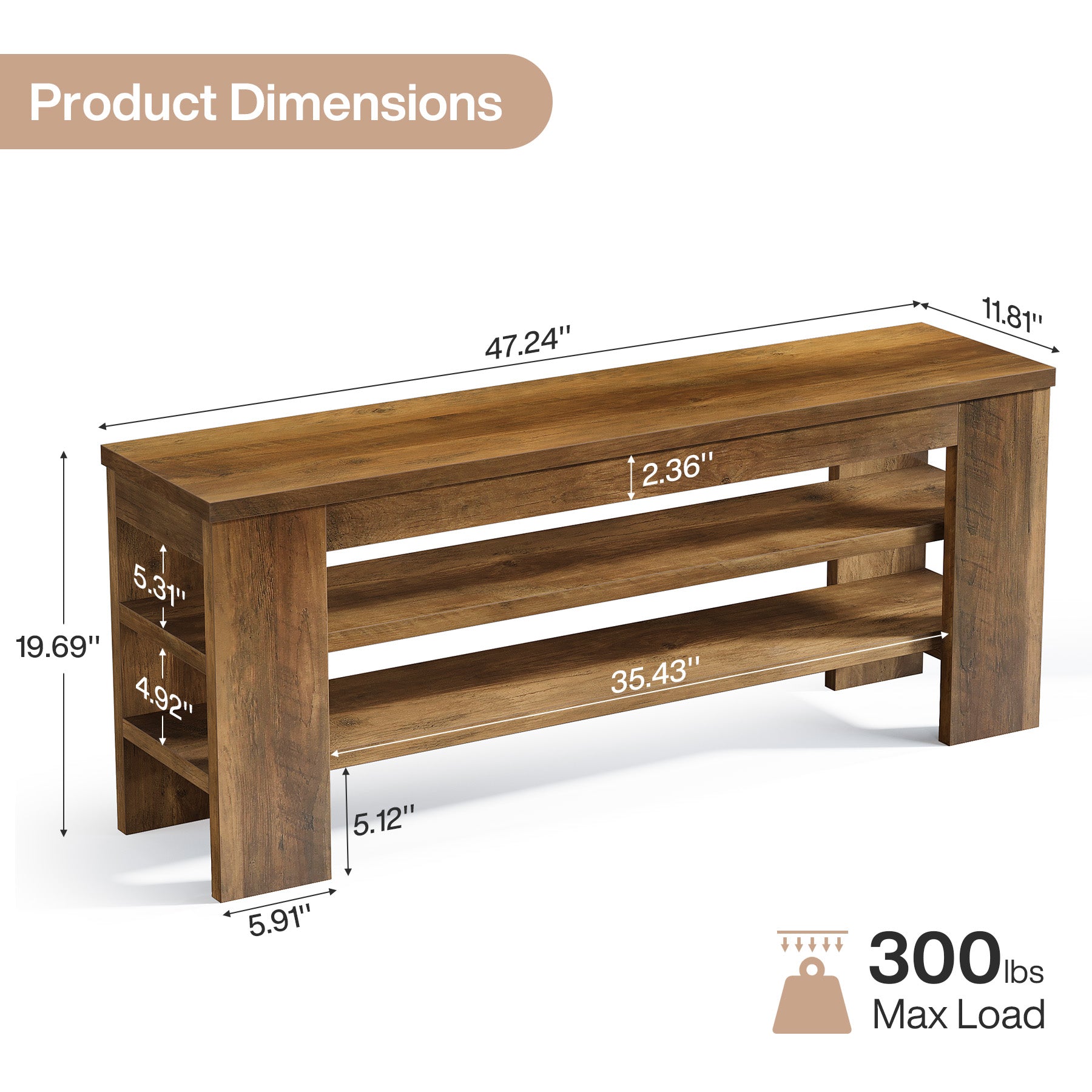 Schuhbank 120 cm mit Sitzfläche, Schuhregal, Garderobenbank aus Holz mit 3 Ebenen, belastbar bis 136 kg
